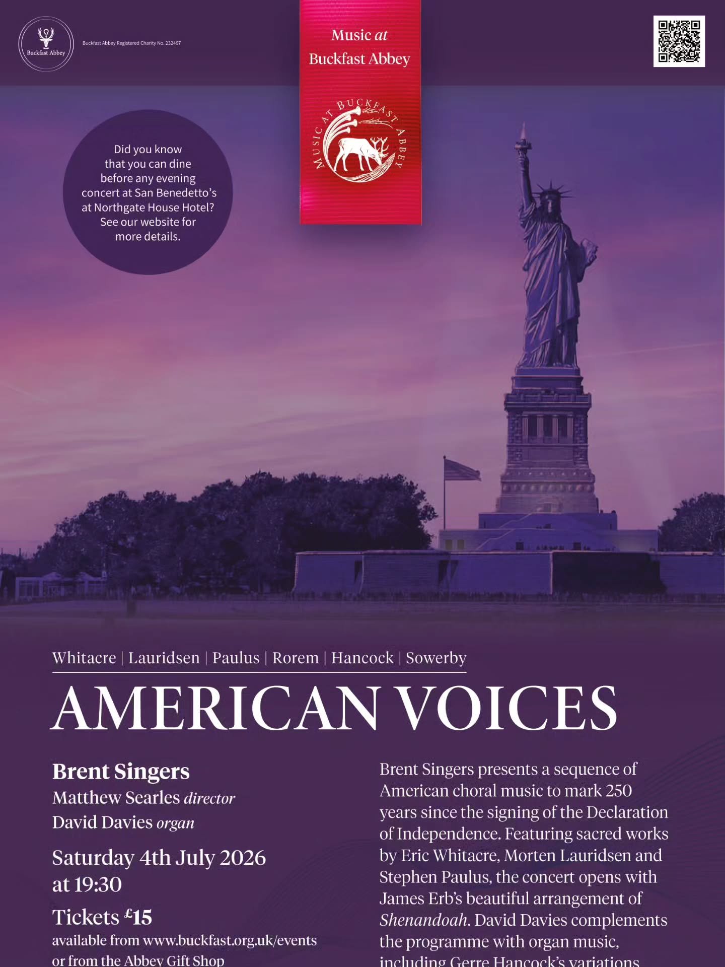Don't miss this beautiful concert of American music of different genres on 4th July in Buckfast Abbey.