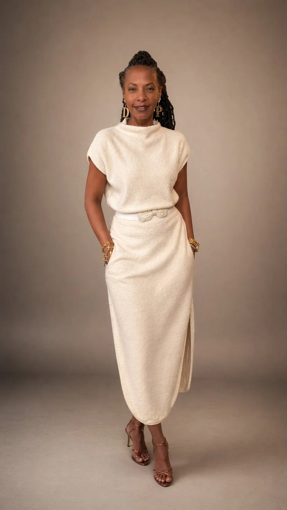 Founder of Electrolysis Beauty Lounge, Danielle Penn, in a cream-colored outfit with a matching top and skirt, wearing gold jewelry, and high-heeled sandals, standing against a neutral background.