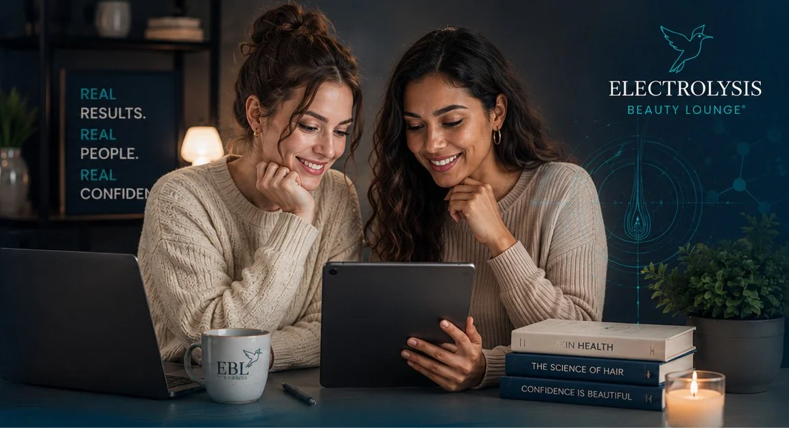 Two women sitting at a table looking at a tablet together, smiling. On the table are a laptop, a mug, books about skin health and hair, a plant, and a candle. In the background, there is a poster with the words 'REAL RESULTS. REAL PEOPLE. REAL CONFIDENCE.' and a digital graphic related to electrolysis and beauty lounge.