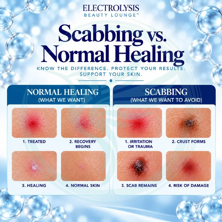 An informational poster comparing skin scabbing versus normal healing after electrolysis. It highlights the differences between healthy healing and problematic scabbing, including images of skin at various stages, causes of scabbing, and tips for supporting normal healing. The poster emphasizes avoiding trauma or irritation to prevent scabbing and promotes proper aftercare for optimal results.