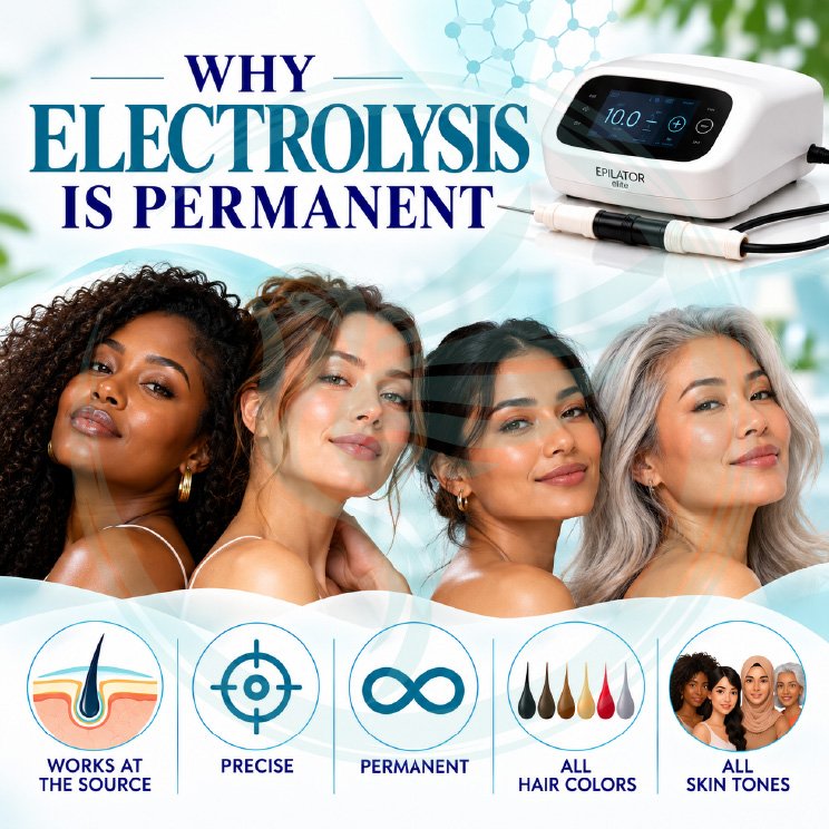 Infographic explaining why electrolysis is a permanent method of hair removal, including a diagram of the hair growth cycle, features of electrolysis, its benefits, and a photo of diverse women.