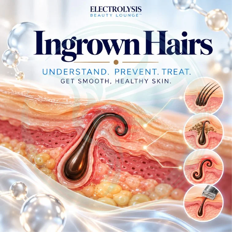 Infographic explaining ingrown hairs: causes, common areas, types, prevention, treatment, and long-term solutions.