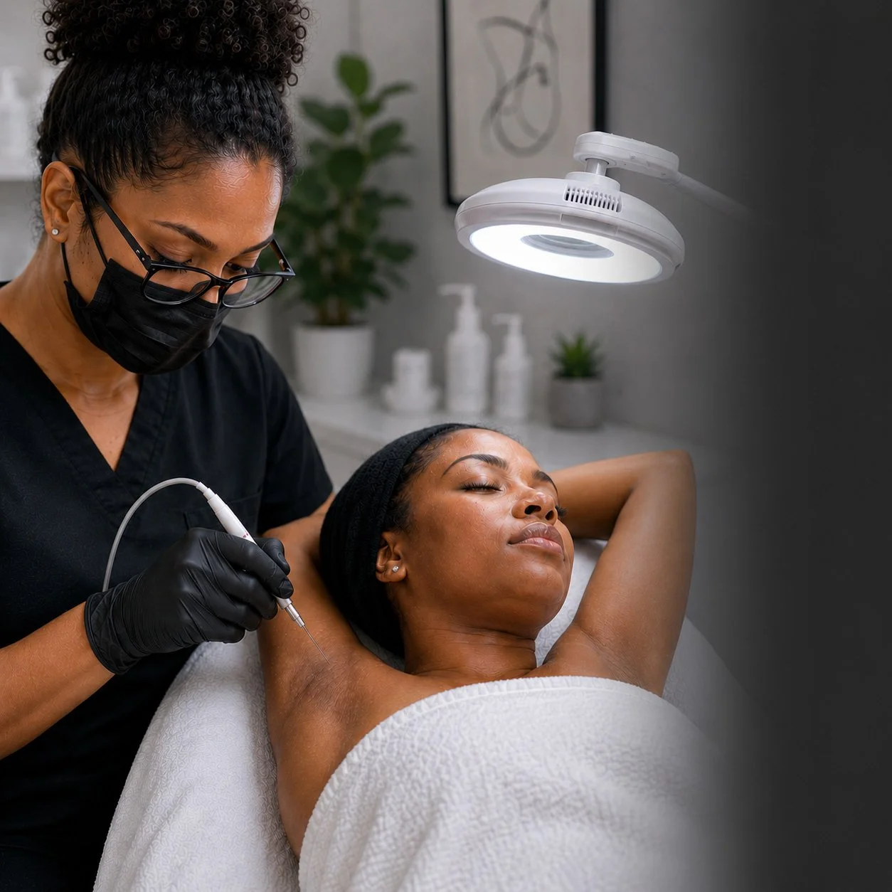 A woman receiving a skincare or medical treatment on her armpit from a professional wearing black gloves and a face mask in a clinic setting.