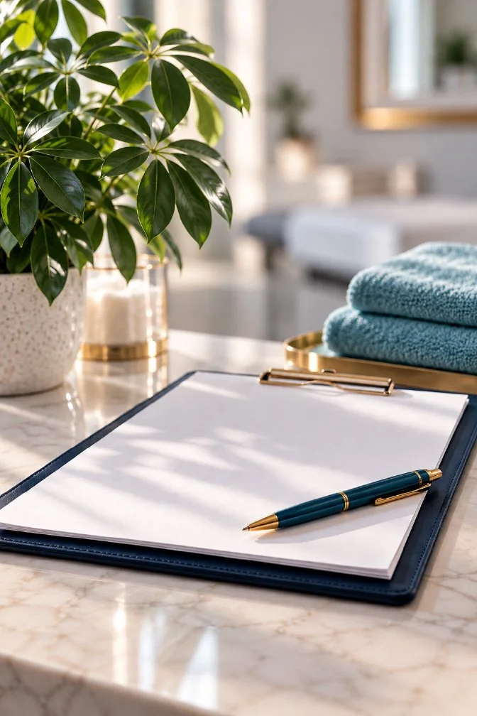 A notebook with a pen, a potted plant, and folded towels on a marble countertop in a bright room.