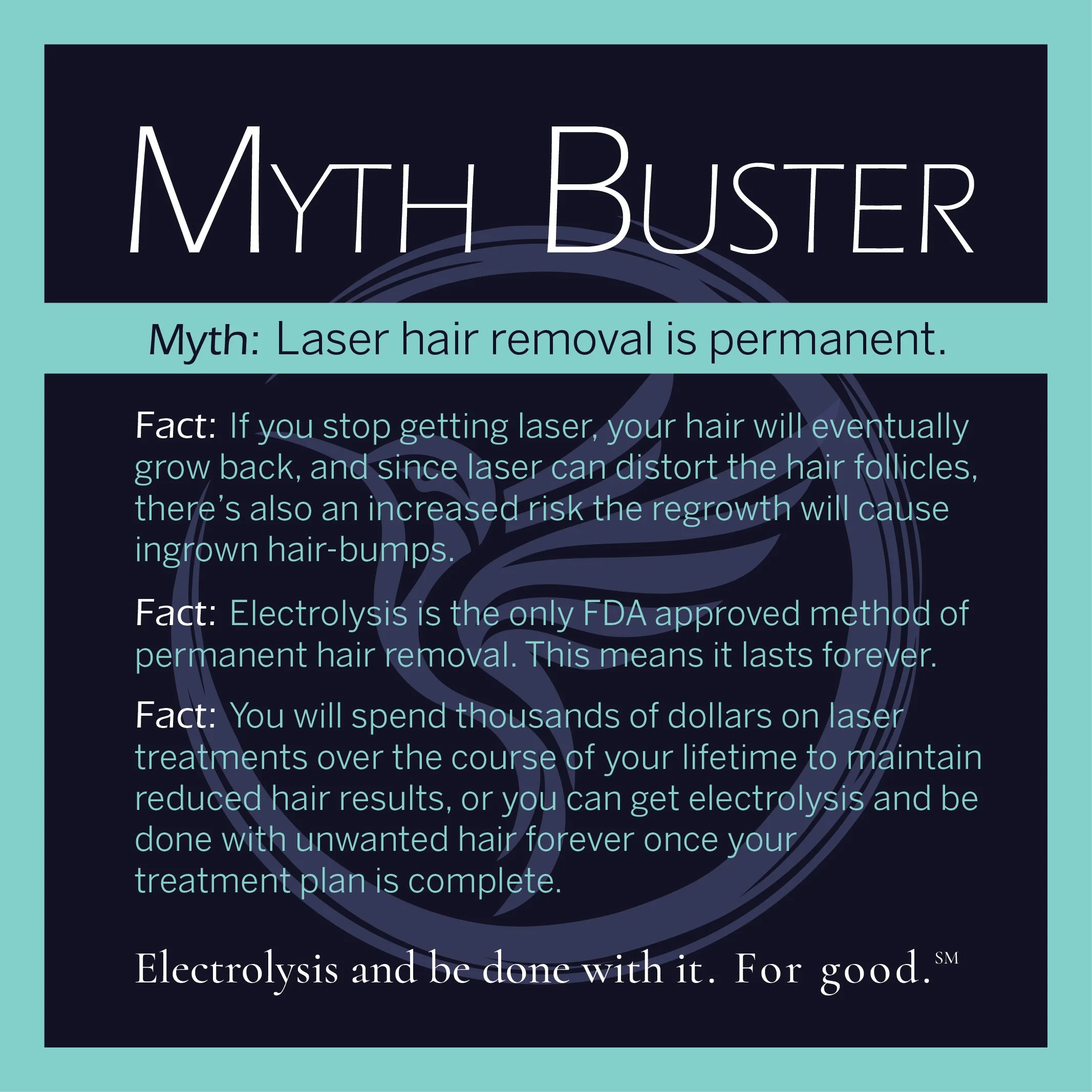 A digital poster with the title 'Myth Buster' and a hand holding a laser hair removal device. The poster discusses the myth that laser hair removal is permanent and provides information about hair growth and treatment.