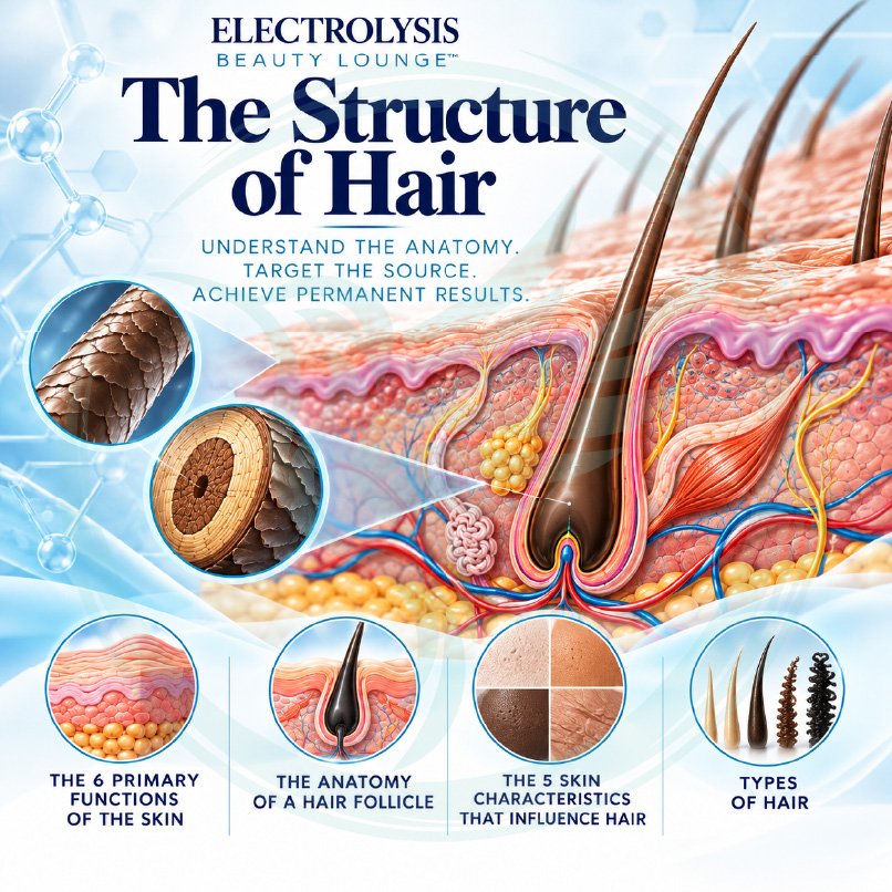 An informational poster from Electrolysis Beauty Lounge explaining the structure of hair and how electrolysis removes hair permanently. It includes diagrams of hair follicle anatomy, the three layers of the hair shaft, types of hair, and facts about hair growth and electrolysis benefits.