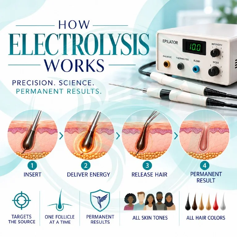 Infographic explaining how electrolysis works for hair removal, showing four steps: insert probe, deliver energy, release hair, permanent result, with a device and probes. Includes icons for target source, one follicle, permanent results, skin tones, and hair colors.