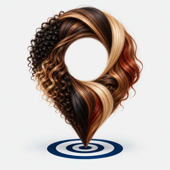 A swirl of various wavy and curly hair textures in different hair colors, forming a circular pattern, with a blank white circle in the center and a target-like design below.