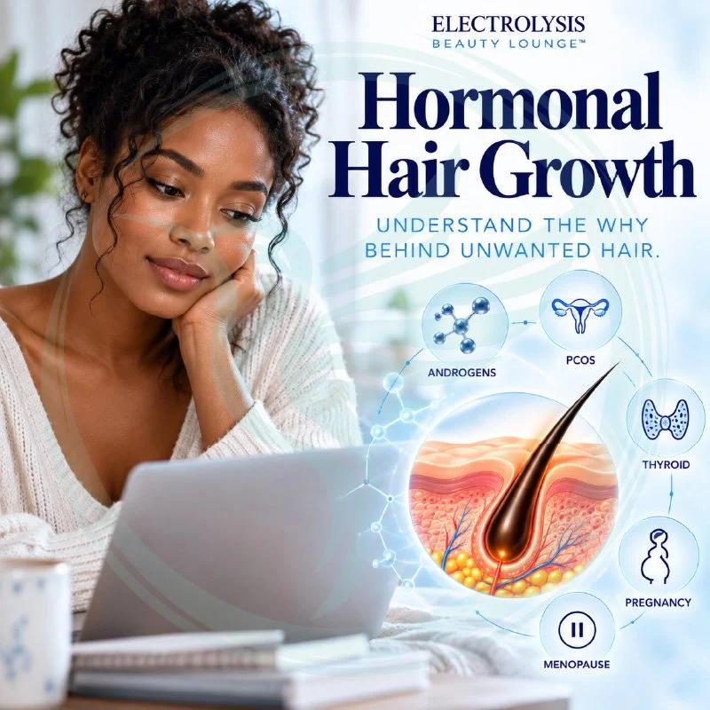 Educational infographic about hormonal hair growth by Electrolysis Beauty Lounge, explaining key hormones influencing hair growth like androgens, estrogen, progesterone, cortisol, and thyroid, common hormonal triggers such as puberty, menstrual cycle, pregnancy, menopause, and stress, areas where unwanted hair may grow, and how electrolysis permanently removes hair by targeting the hair at the root.