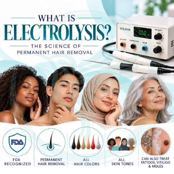 An infographic explaining electrolysis as a permanent hair removal method, showing devices, hair colors, skin tones, treatment areas, ideal candidates, and benefits.