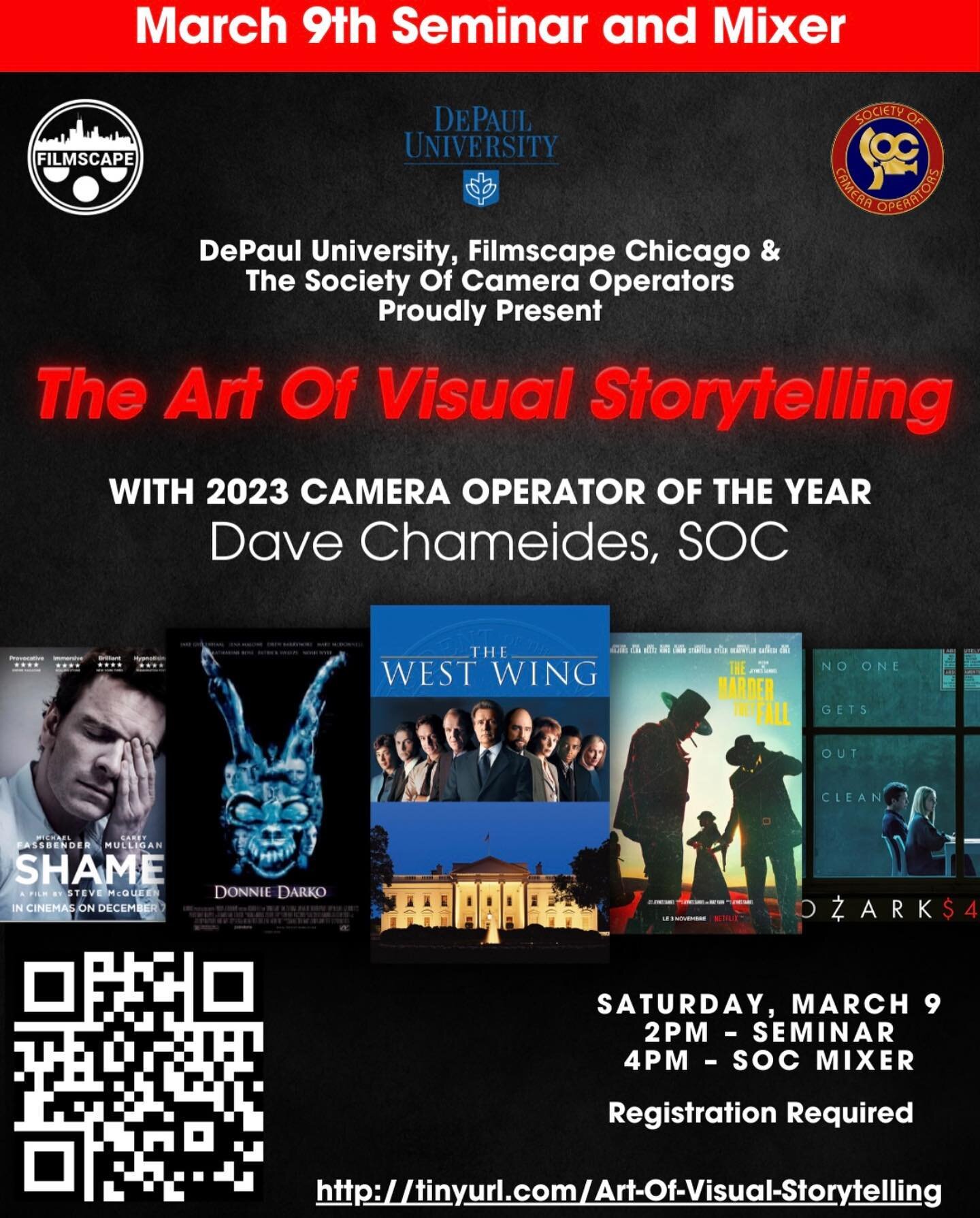 Coming up on March 9&hellip;

&ldquo;The Art of Visual Storytelling&rdquo; presented by Filmscape Chicago, DePaul University, and The Society of Camera Operators. 

Special Guest: Dave Chameides, SOC
2023 Camera Operator of the Year

Don&rsquo;t miss
