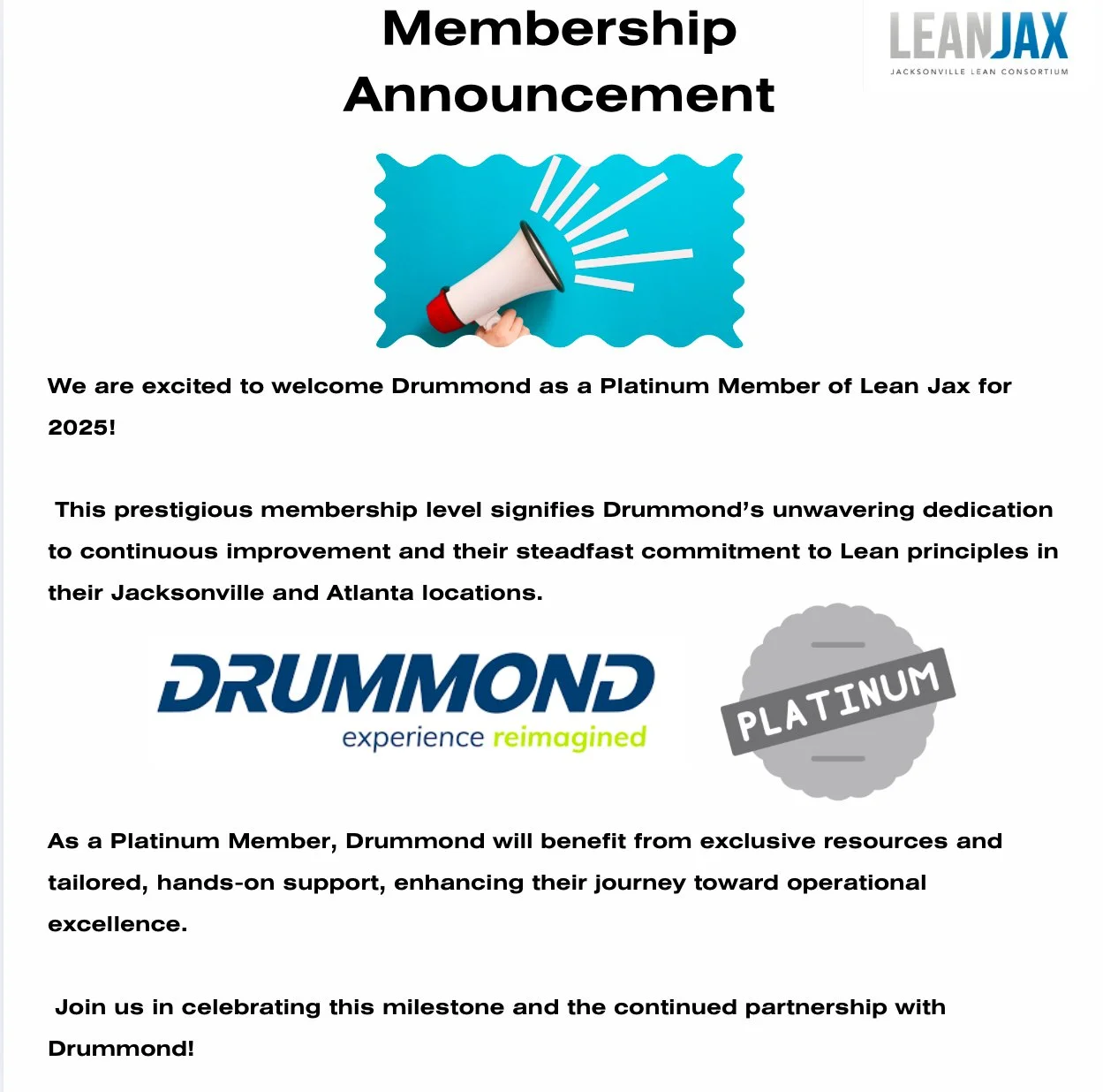 Drummond Joins Lean Jax as Platinum Member for 2025!