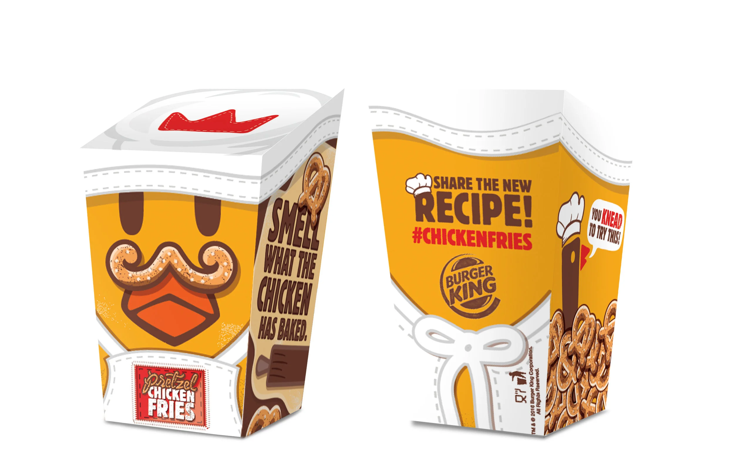  A new flavor for chicken fries was tested for Burger King. Something that speaks to pretzel, crunch and freshly baked. My task was to concept and execute an idea that not only fit into the packaging universe of BK but also to come up with a characte