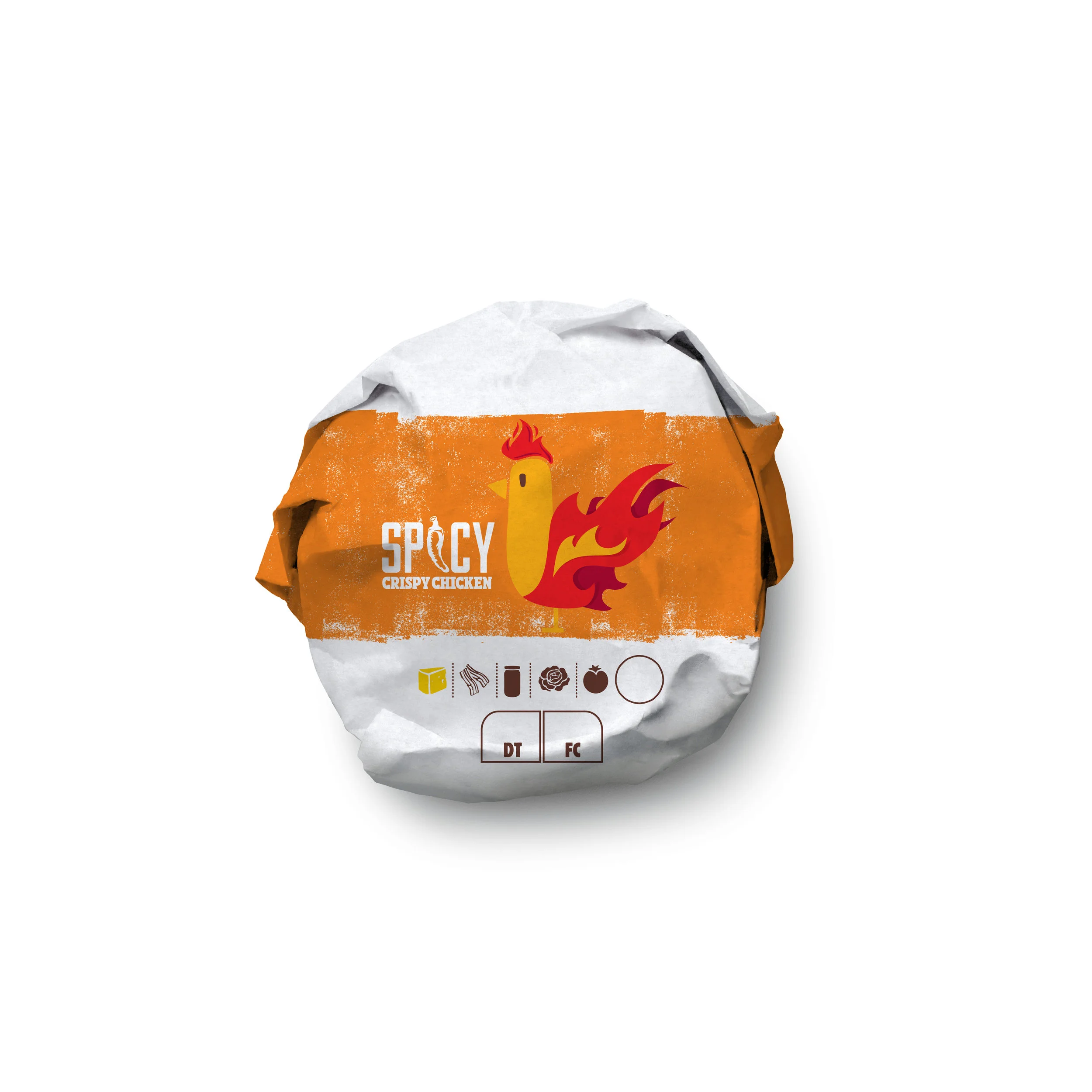  A specialty wrapper for the Spicy Crispy Chicken sandwich, I transformed the chicken icon that BK uses in order to convey the spice of the sandwich, yet keeping the design aligned with the chicken platform at BK. This wrap was picked to be the natio