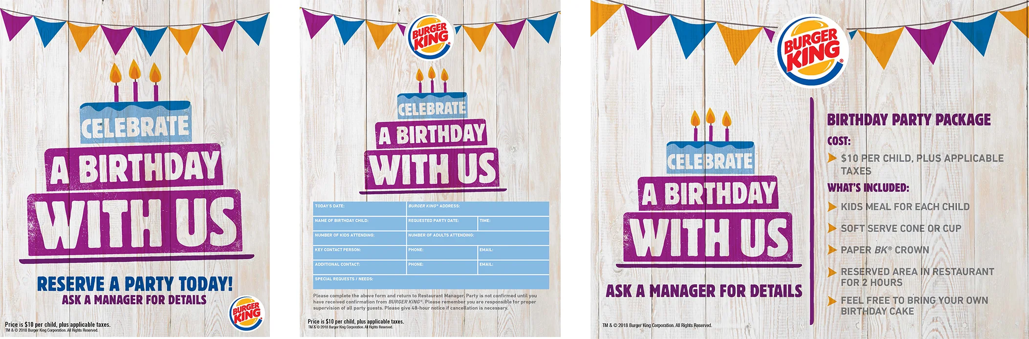  This was done in order to promote and boost sales of birthdays at Burger King. A door decal, registration form and information sheet were designed while keeping the BK brand identiy and playfulness to reach moms. 