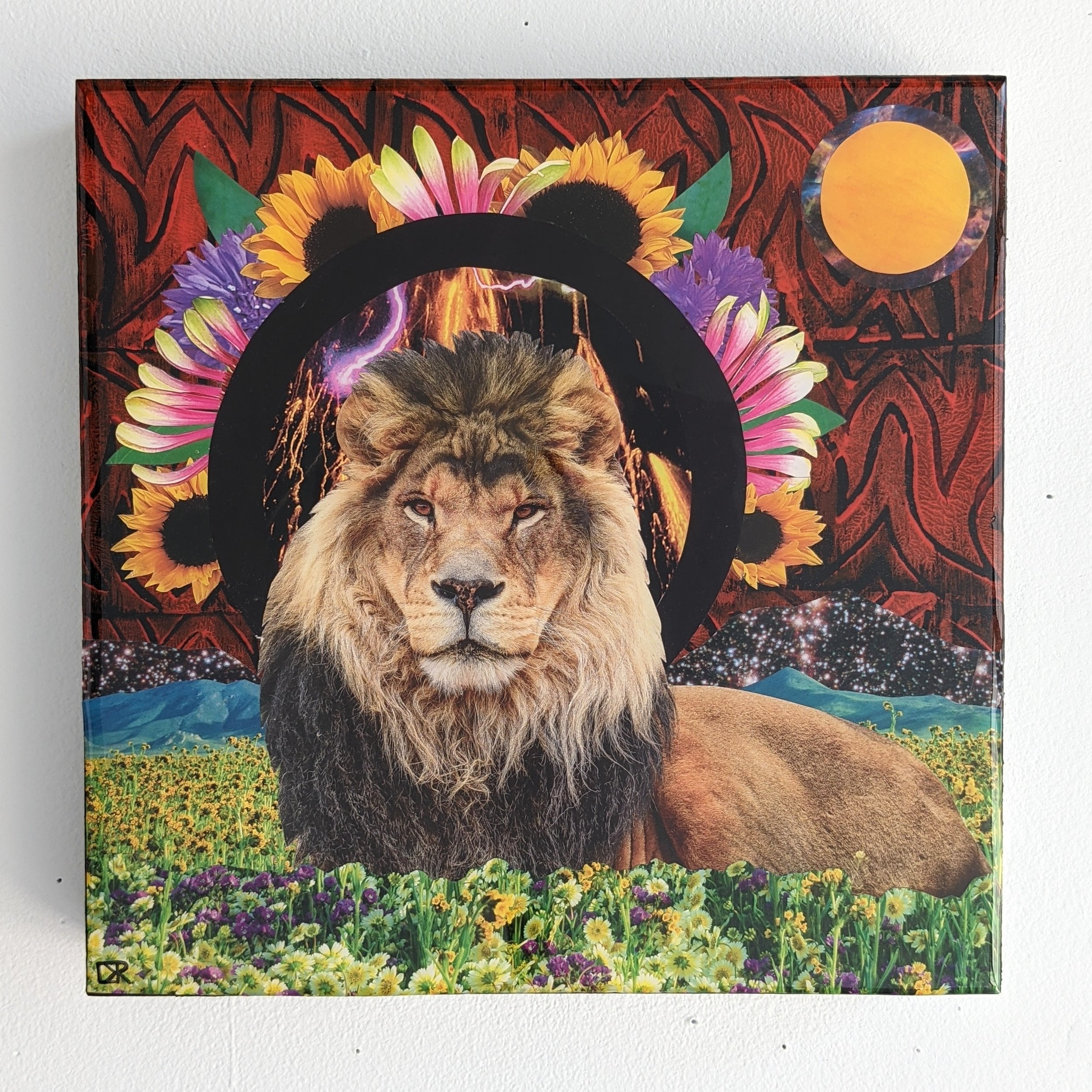 Leo,  10x10, mixed media collage on cradled birchwood panel with resin, $400.jpeg