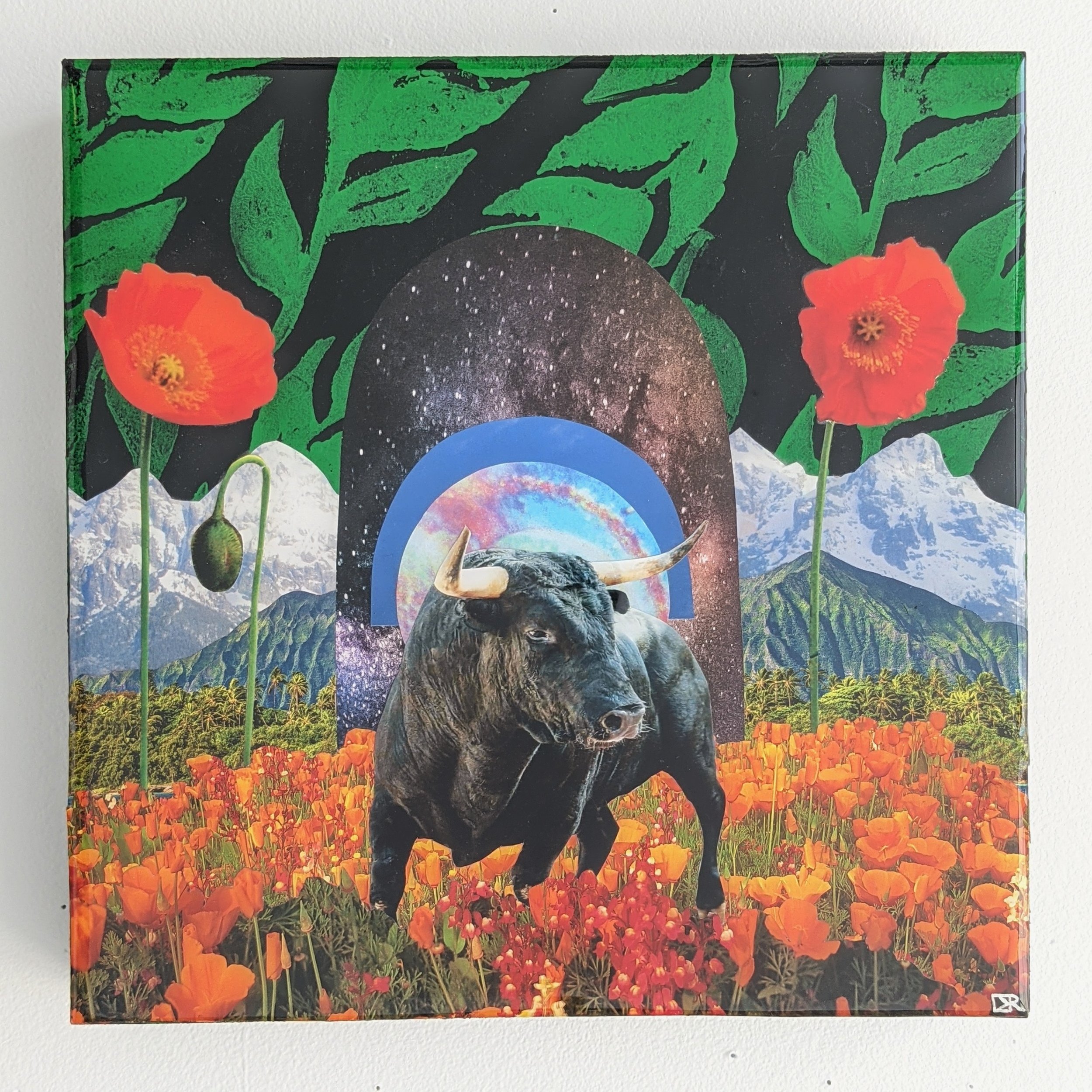 Taurus,  10x10, mixed media collage on cradled birchwood panel with resin, $400.jpeg