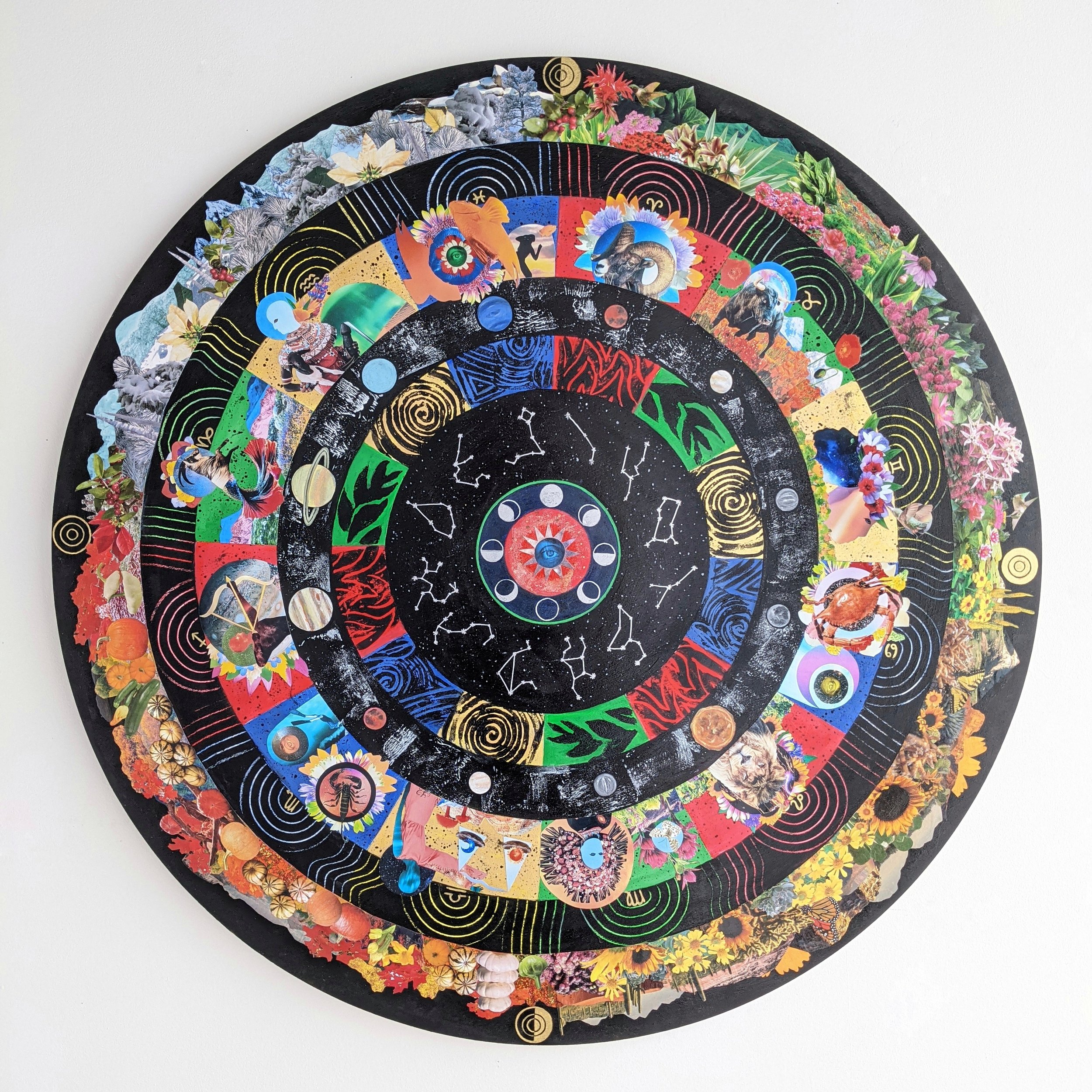 Written in the Stars,  36 inch diameter, mixed media collage on cradled birchwood panel with resin, $4,000.jpeg