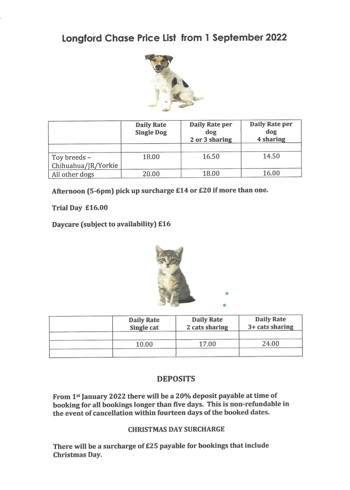 LONGFORD CHASE PRICE LIST 2022 — Longford Chase Boarding Kennels & Cattery