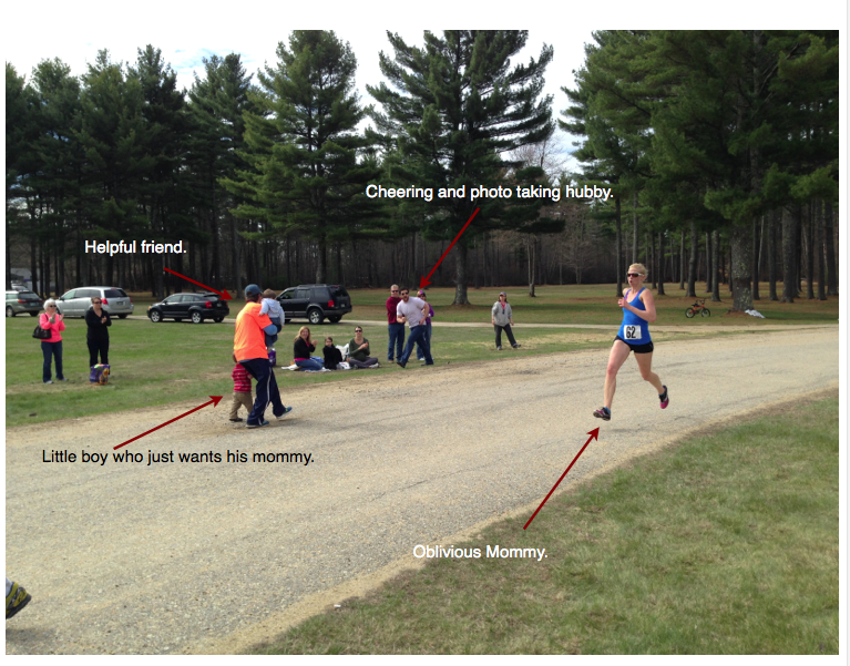 What was really going on as I sprinted into the finish. Jack saw his Mommy and apparently made a beeline for me, coming out onto the course. Thanks to a friend who stepped in and kept him from getting trampled.