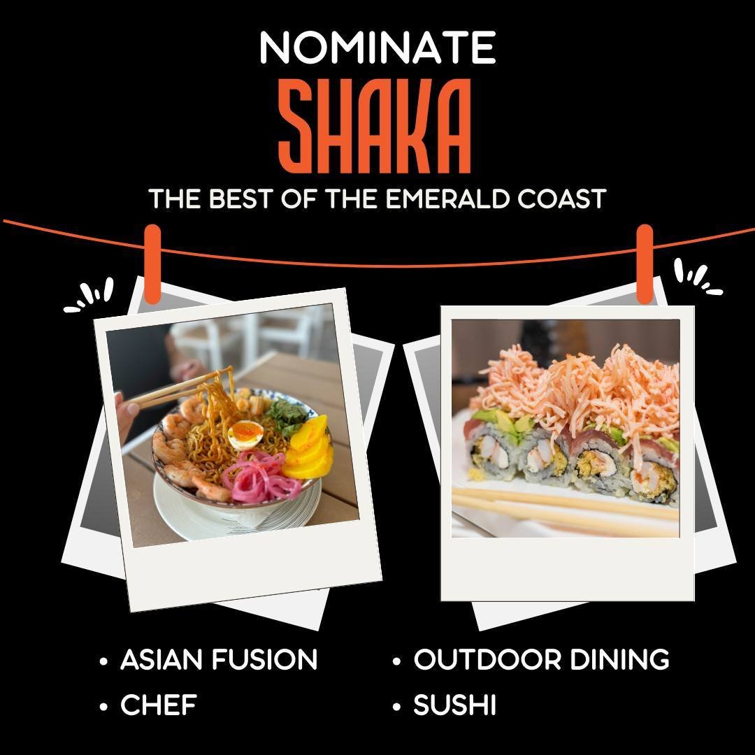 Big fan of Shaka? We'd love for you to give us a nod in @emeraldcoastmag's 2024 Best of the Emerald Coast! Ballots are open through April 30 👉 link in bio