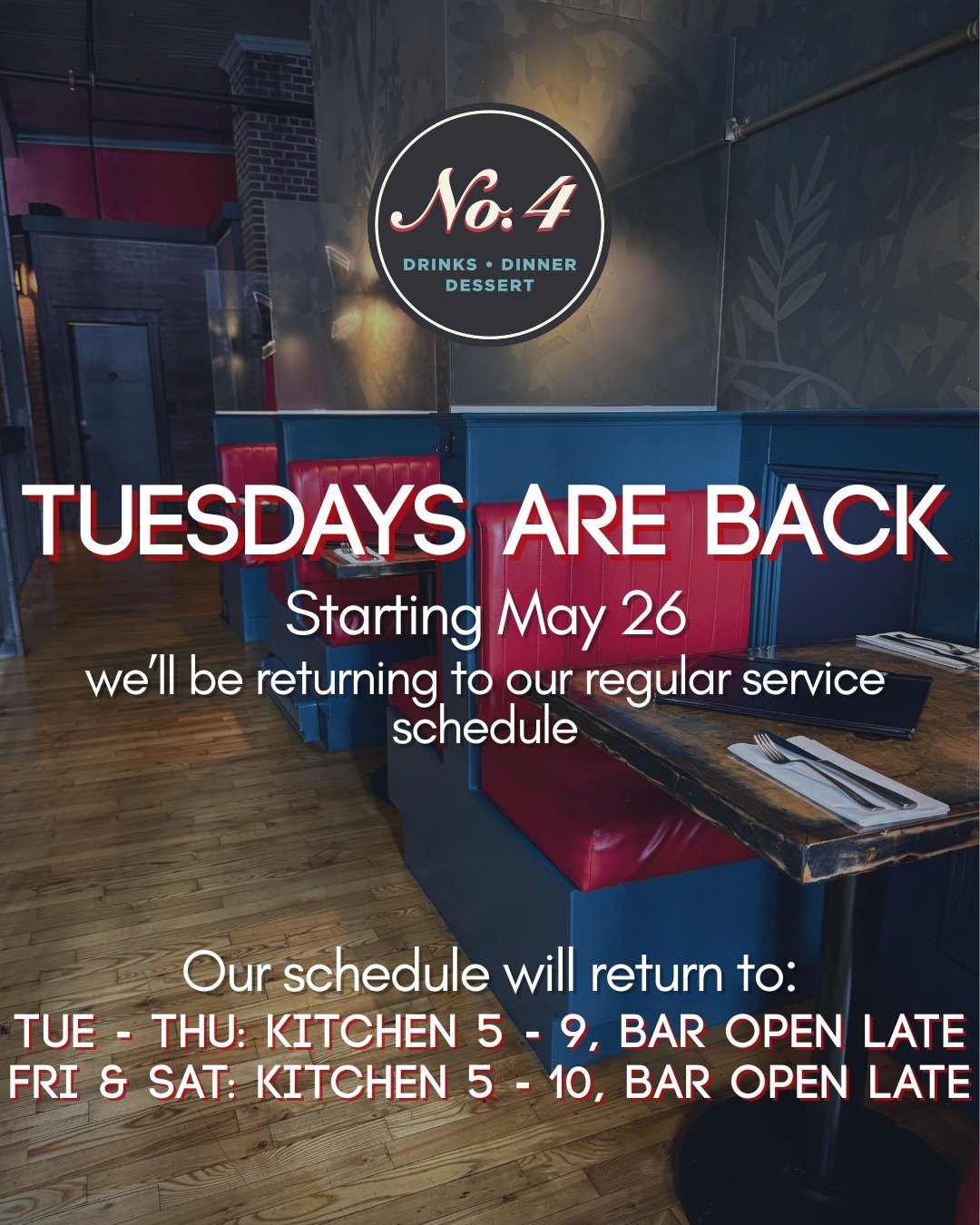 That's right, starting next week we're back to our good old Tuesday - Saturday schedule.

We'll be open at 5pm each day; with kitchen closing 9pm Tuesday through Thursday, and 10pm Friday &amp; Saturday.

And don't forget - we're already opening our 