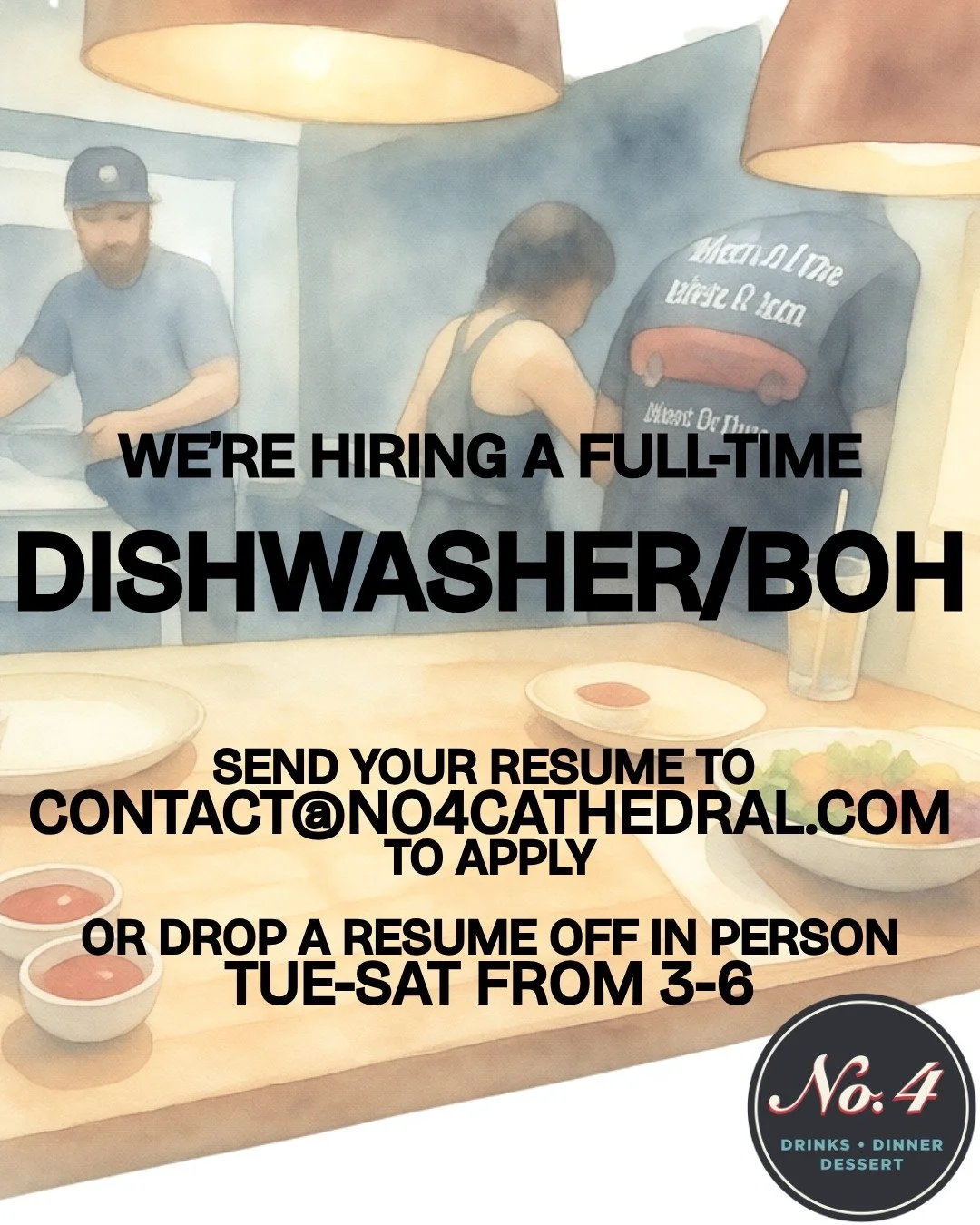 We're looking to add a full-time person to join our crew working behind the scenes in the kitchen!

Apply through email by sending your resume to contact@no4cathedral.com ; or swing by with your resume any day Tuesday through Saturday from 3pm to 6pm