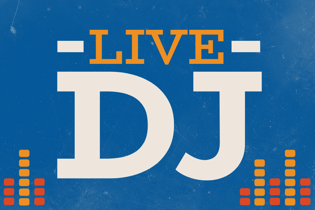 A blue promotional graphic with bold text reading “LIVE DJ,” accented by orange and white bars and colorful equalizer graphics in the bottom corners.