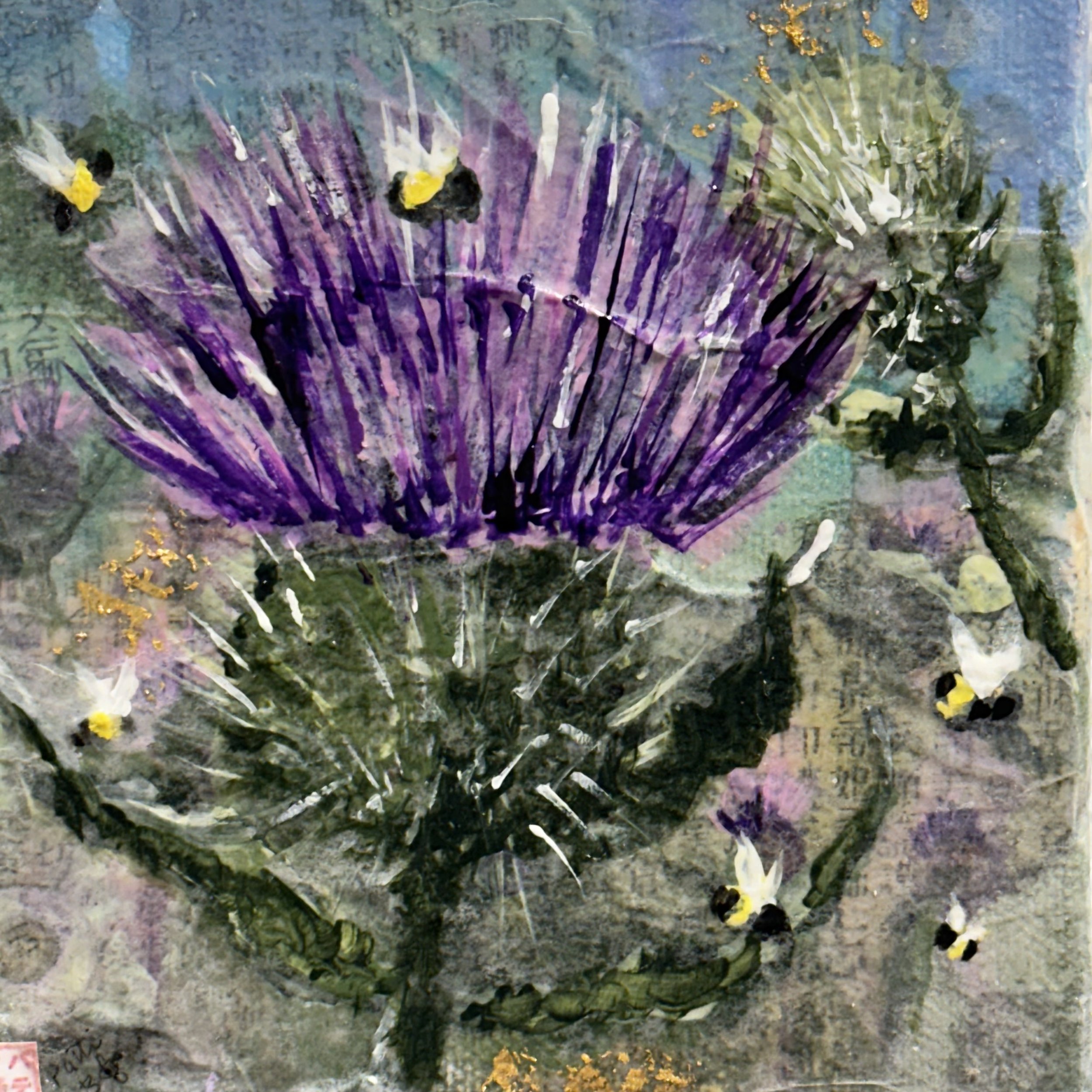 Patti Breidenbach - Bumblebees at Work - Acrylic Vintage Japanese Mulberry Paper 24k gold leaf - $170