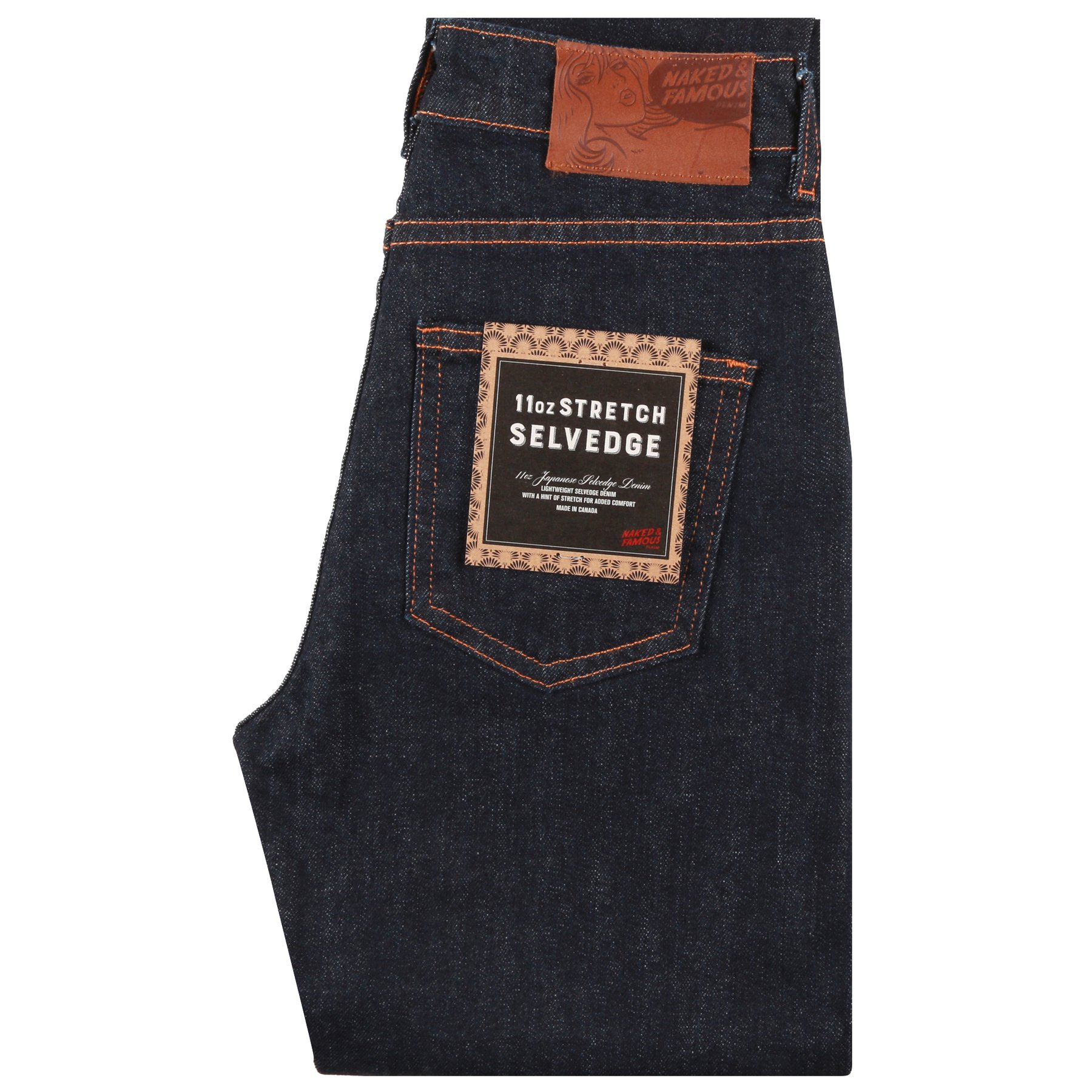  Women’s 11oz Stretch Selvedge jeans folded view 