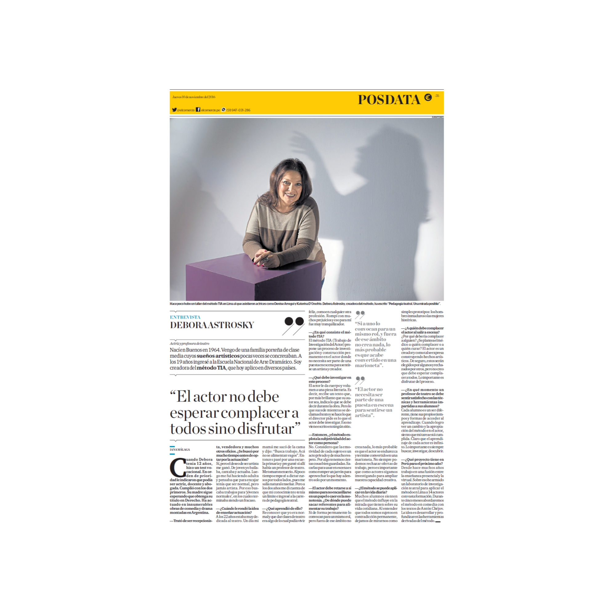 Entrevista realizada a Debora Astrosky para El Comercio