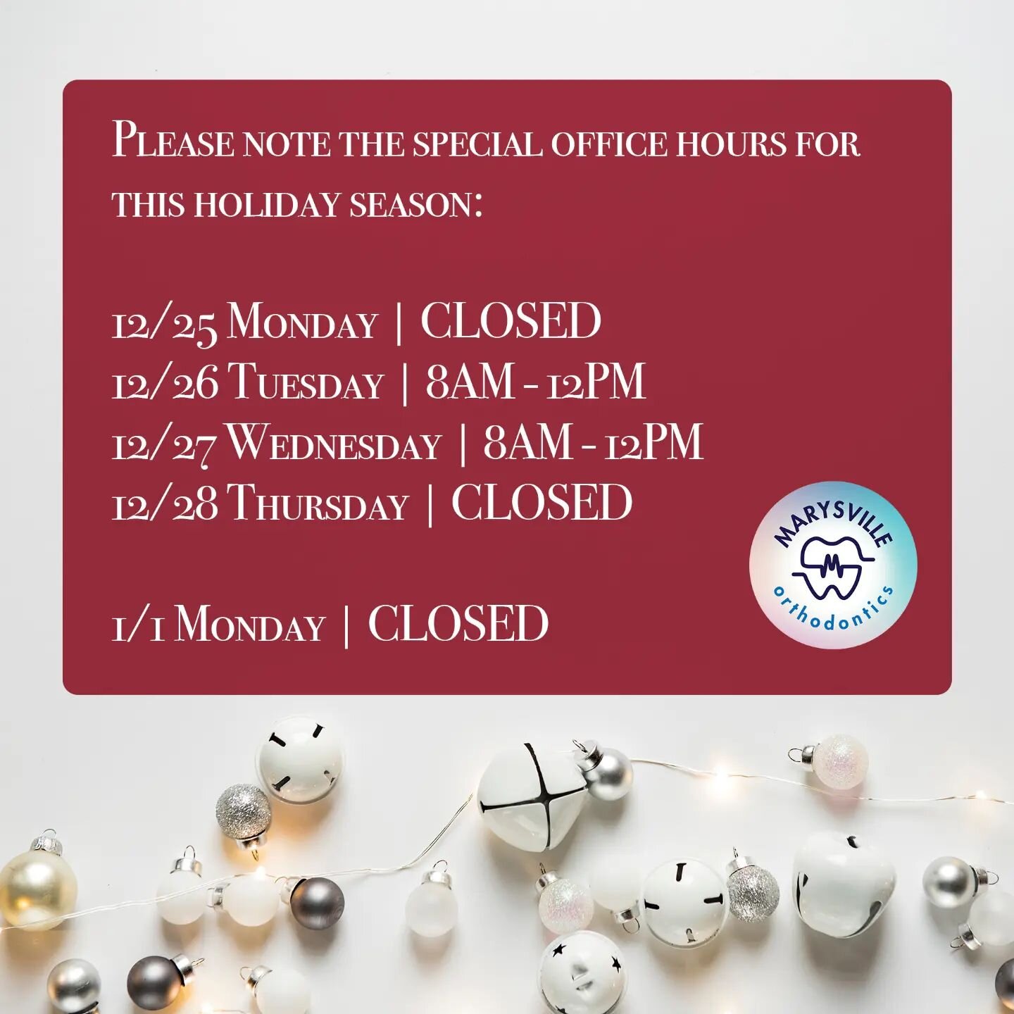 Thank you to our patients and families for another wonderful year! 🙌🏻
❄️
If you have any orthodontic troubles, please call our office during these hours so a team member can assist you.
❄️
Happy Holidays! 🎁🎄❄️❤️💚
❄️
#marysville #marysvilleorthod