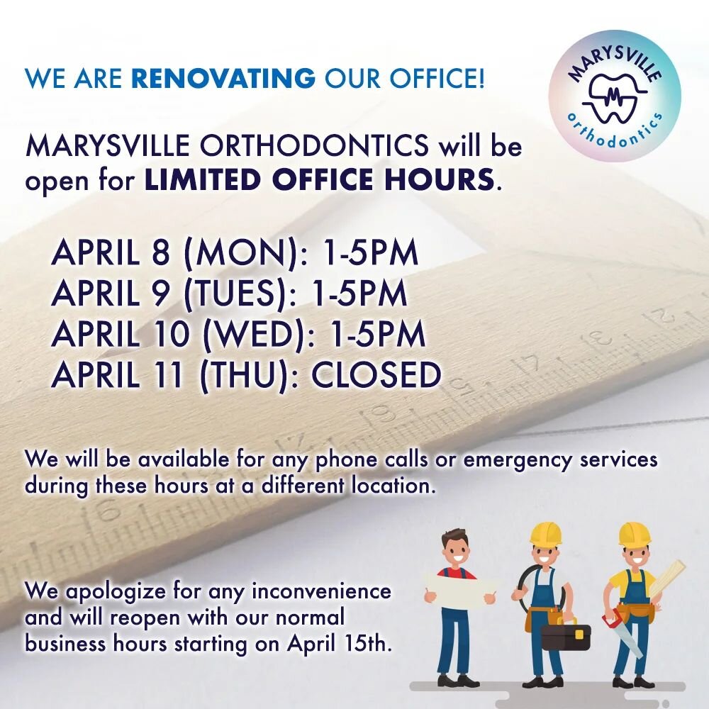 We are renovating our office for the week of April 8th. For this week: we are available by phone Monday through Wednesday from 1PM to 5PM.  We are also available for any emergencies at a different location. We appreciate your patience. Normal operati