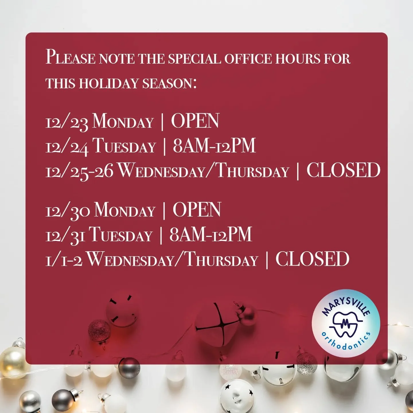 Thank you to our patients and families for another wonderful year! 🙌🏻
❄️
If you have any orthodontic troubles, please call our office during these hours so a team member can assist you.
❄️
Happy Holidays! 🎁🎄❄️❤️💚
❄️
#marysville #marysvilleorthod