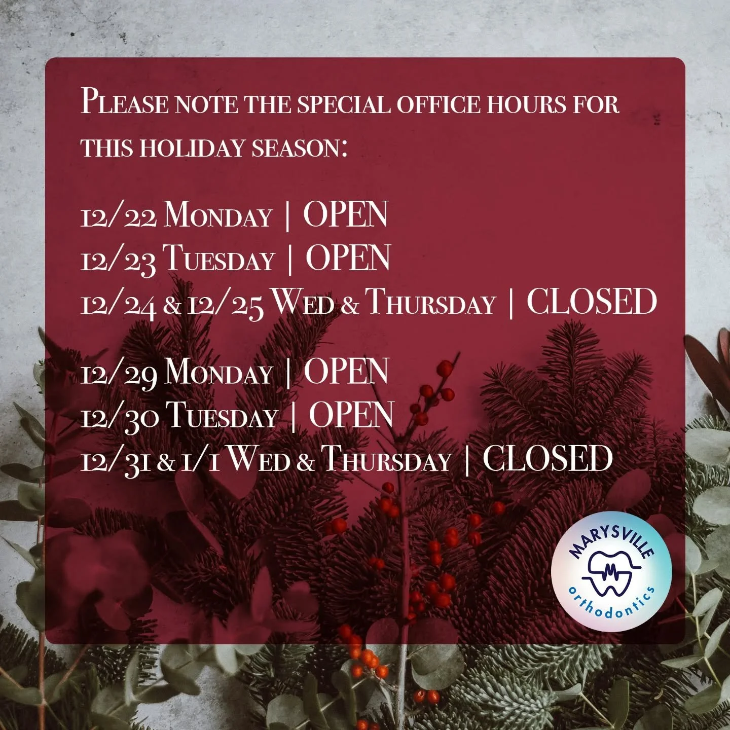 Thank you to our patients and families for another amazing year&mdash;we&rsquo;re so grateful for your trust and support! ❤️

Please note our special holiday office hours in this post.

If you experience an orthodontic concern, feel free to call us d