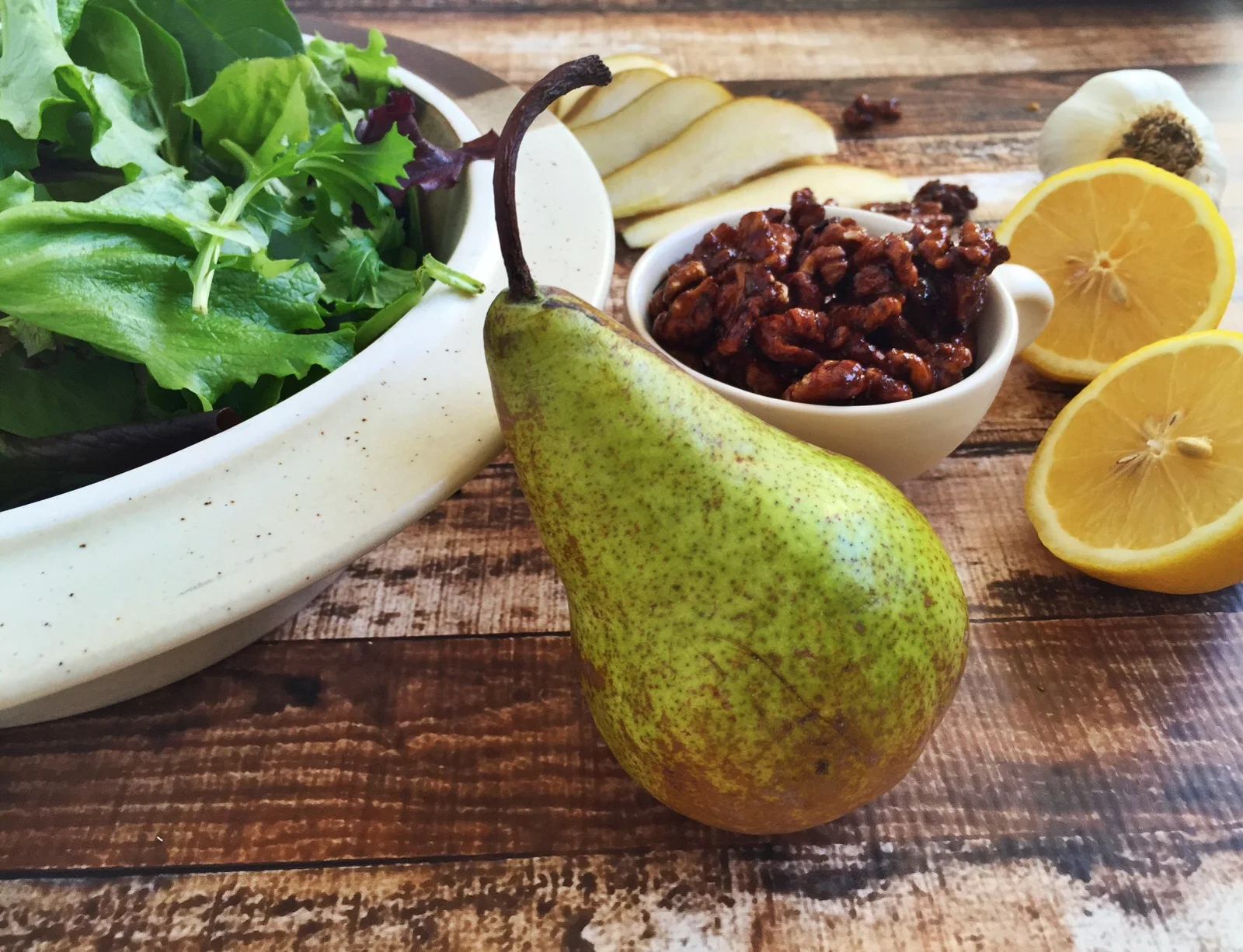 Mixed Greens with Pear, Goat Cheese, and Candied Walnuts
