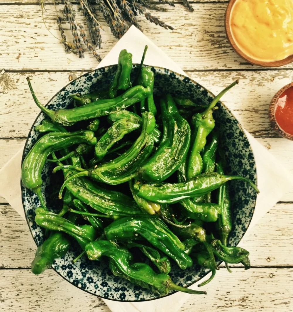 Blistered Shishito Peppers with Sriracha Aioli
