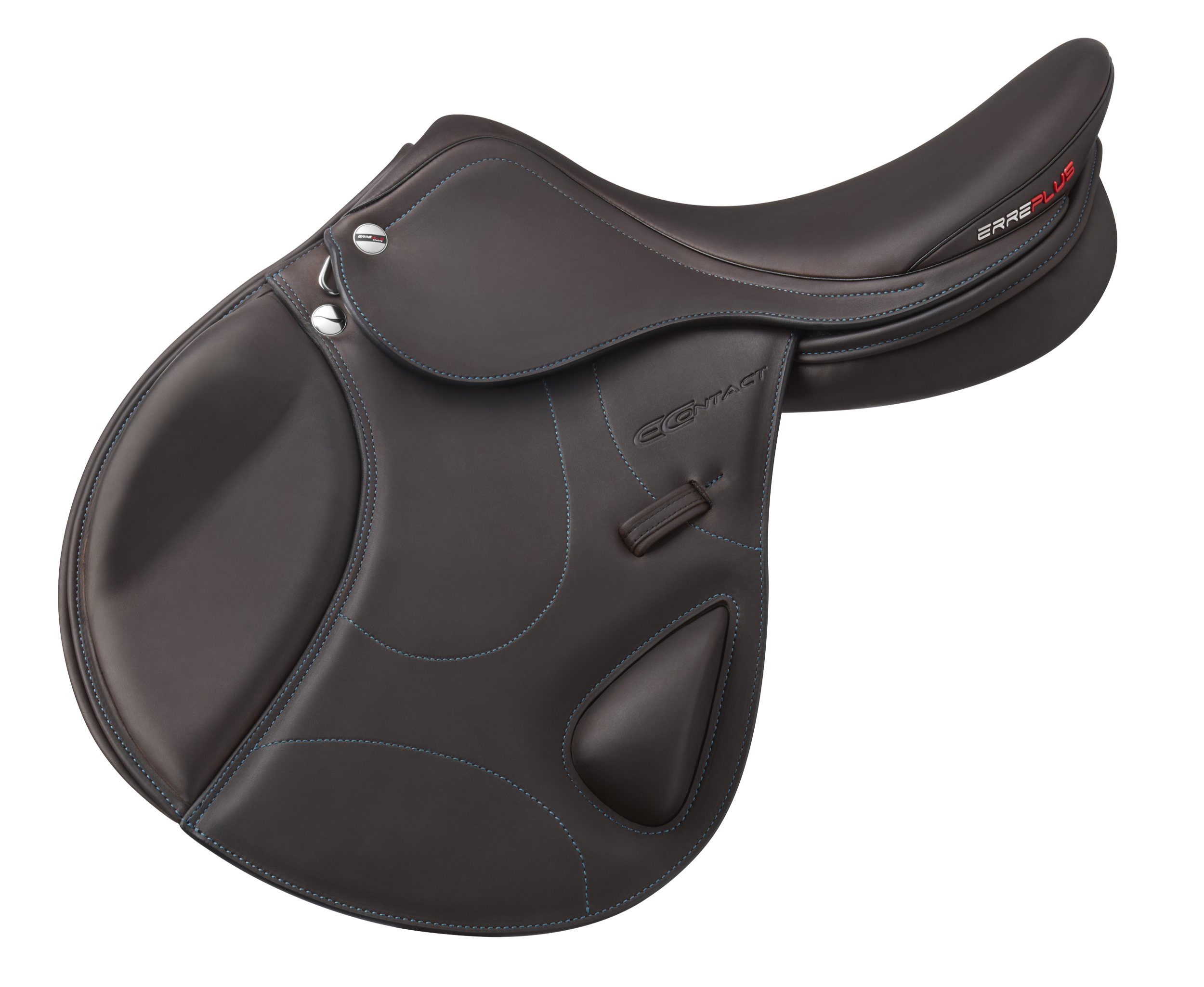 Close-up of a dark brown Erreplus eContact saddle with blue stitching, featuring branding details.