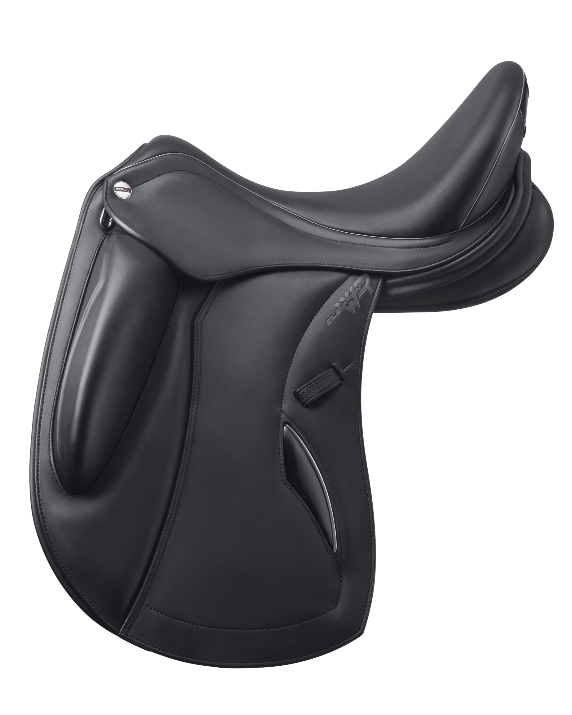 Close-up of a black Erreplus Elevation WR saddle with a logo on the side.