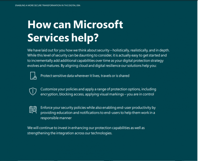 An example of the transition from challenges to solutions taken from “Enabling a more secure transformation in the digital era” a whitepaper that my colleague Hannah Rames and I contributed to for Microsoft Services.