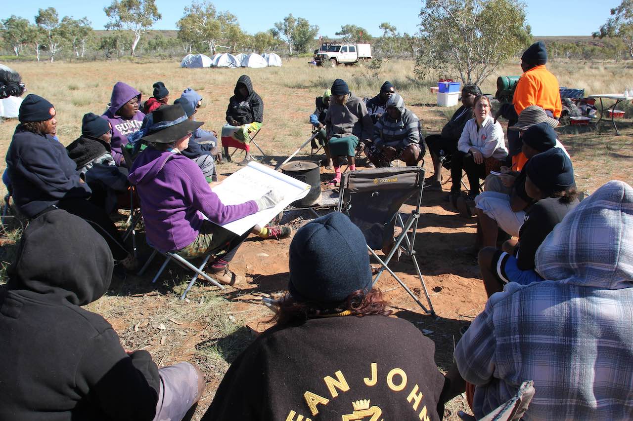 Facilitation so people better understand each other's views is a key intent. Fiona scribes the discussion in Martu wangka to points in English (photo by Kanyirninpa Jukurrpa 2015). 