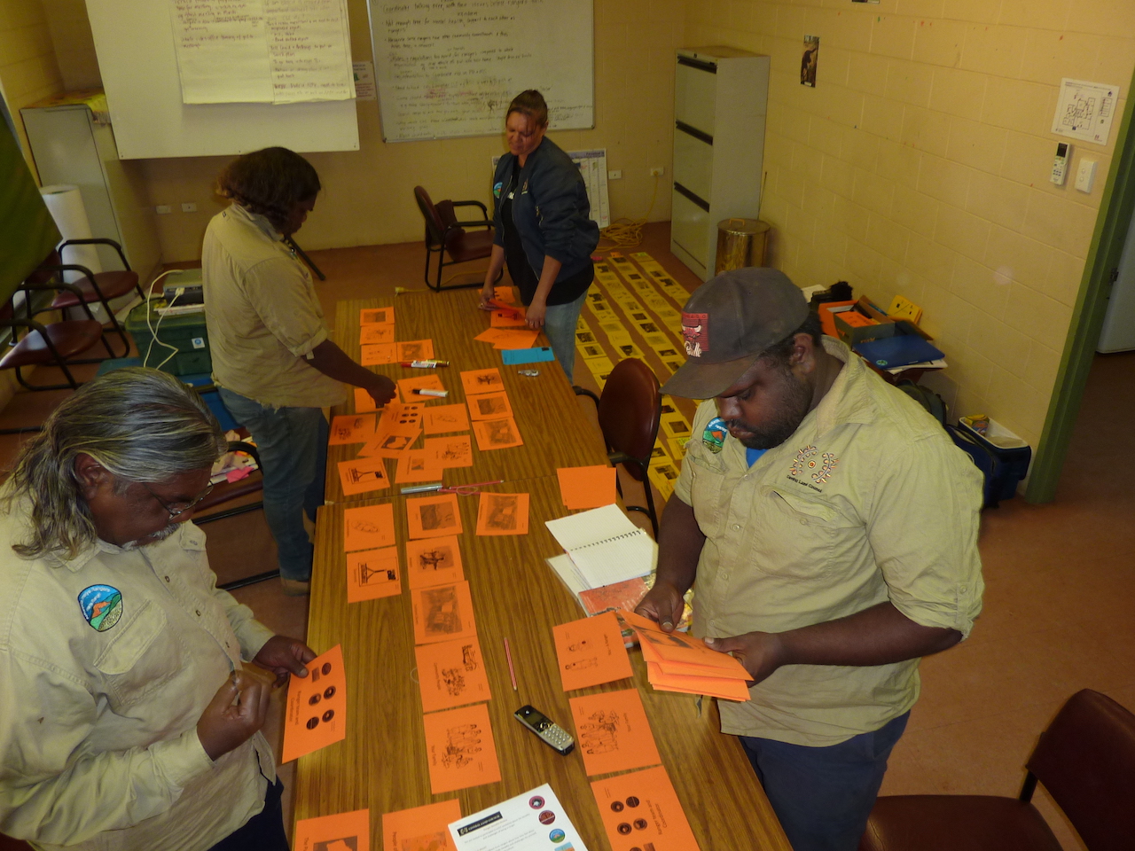 Arltarpilta Inelye (Atitjere, Harts Range) rangers prioritise the jobs they think are most important to do (yellow cards) then prioritise who they do these jobs for (orange cards) in 2017.