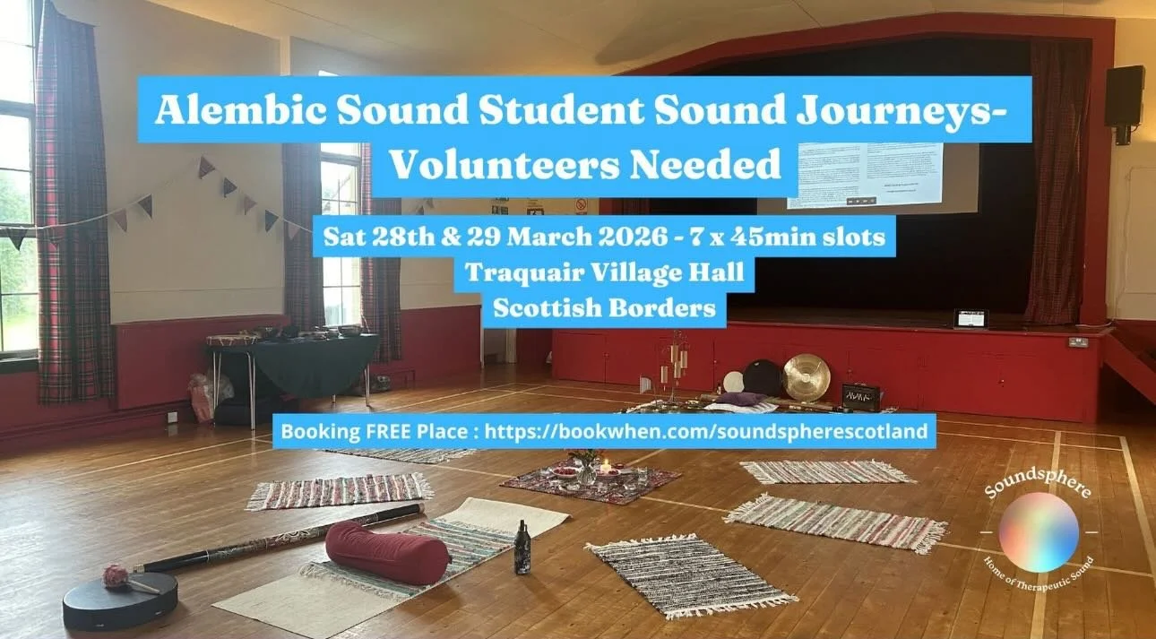 Myself and fellow students have a practical assessment in Traquair Village Hall 28-29 March, if anyone is in the area and would like a free sound journey. Booking details on the photo and in first comment.