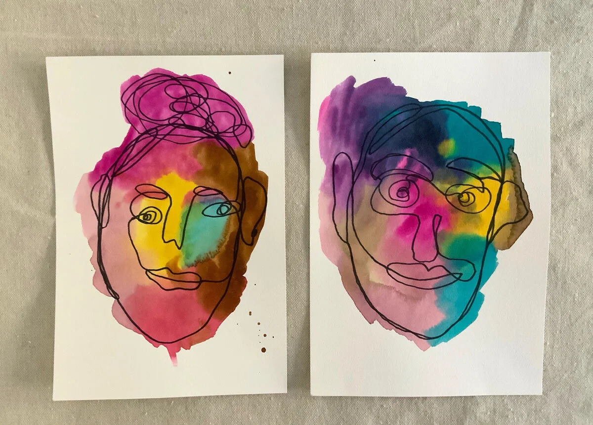 “Mom and Dad” - Blind contour drawings. Made with black Sharpie and liquid watercolors. The color purposefully bleeds into each other. Using dark, more muted colors with some brighter to create the affect of light.