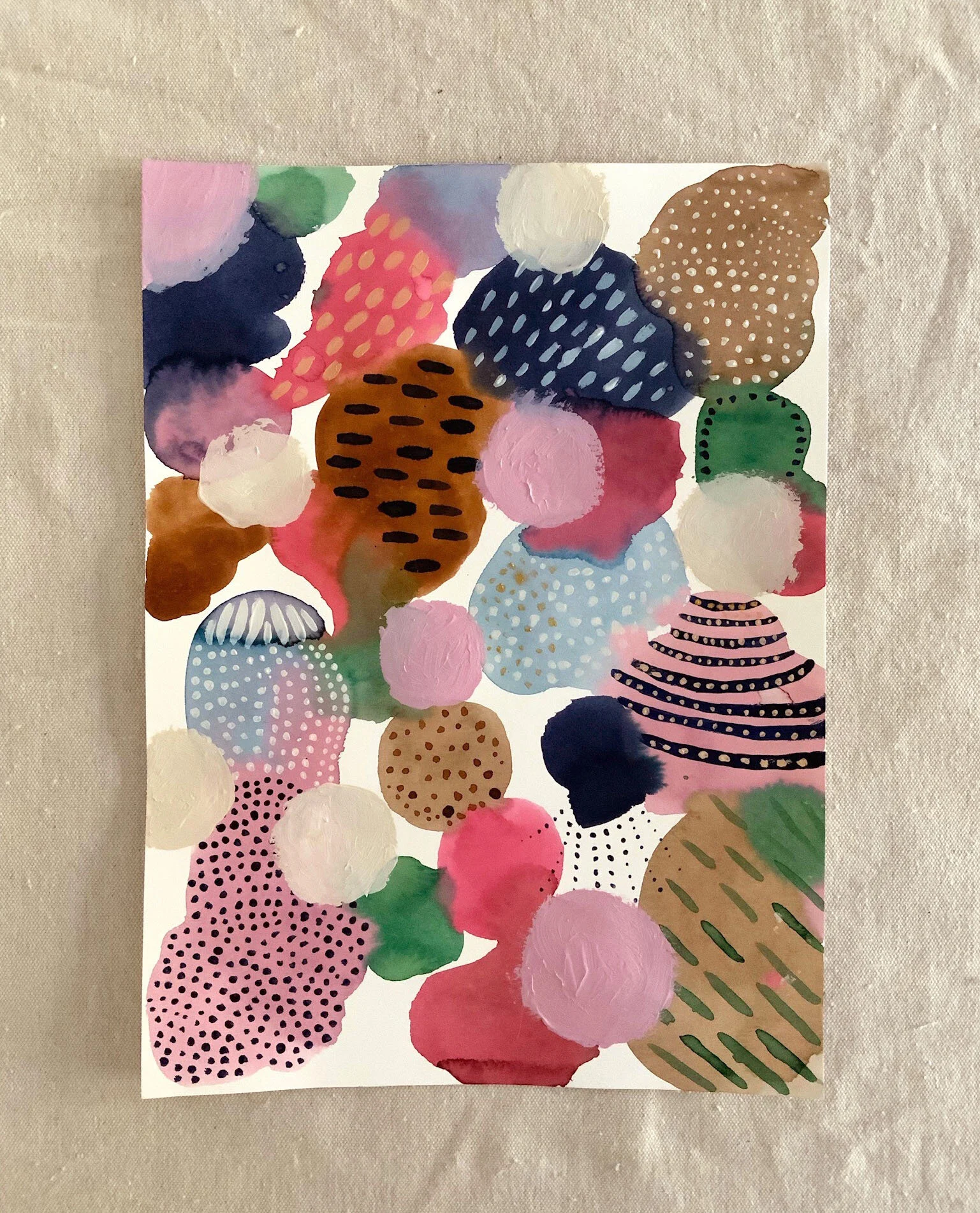 Color study with liquid watercolor and acrylics. Mixing neutral colors with a few pops of brighter color, mark-making to add texture, then more opaque acrylics on top. Inspired by artist Laura Horn.