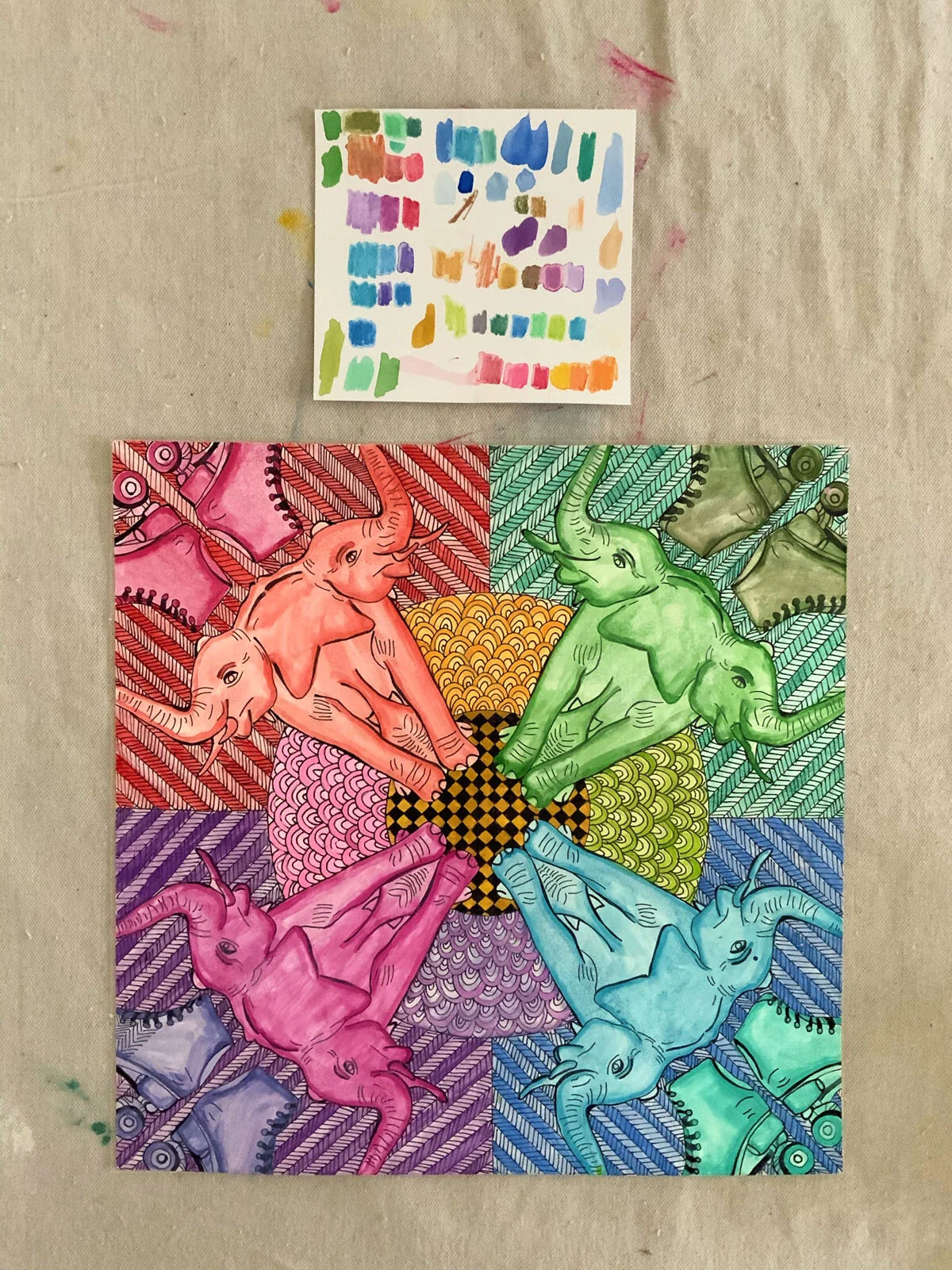 Mixed-media mandala using collected images, pencil, Sharpie, and watercolor. Focus on stylized line work, color families, and watercolor technique.
