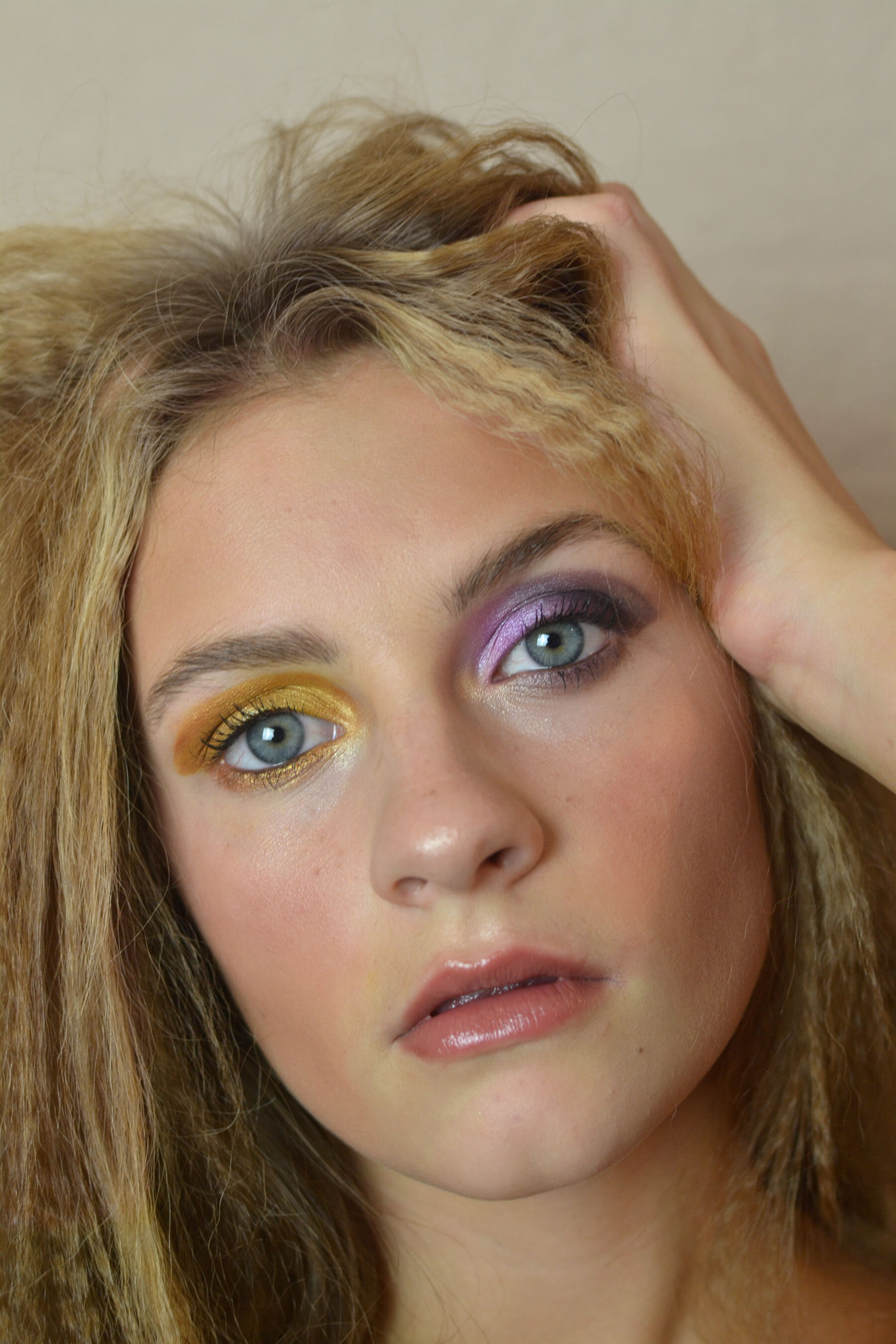 “Yellow + Purple” - Inspired by Oak Leaf painting using complimentary colors. Creating an ombre effect from the inner eye to the edge of the brow. Materials used: Sephora pro palette, Fenty Beauty to set face, and seamless Lancôme foundation