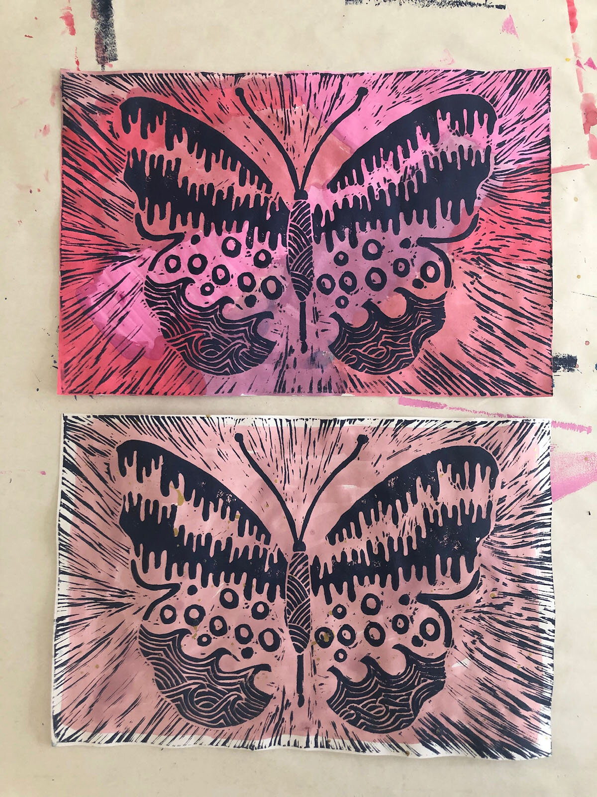 “Butterfly” - Linoleum mixed-media print with watercolors and ink. Exploring the elements for Astrology: Earth, Air, Water and Fire. The butterfly represents air, the motifs inside represent fire and water, and the weightiness of the linoleum block …