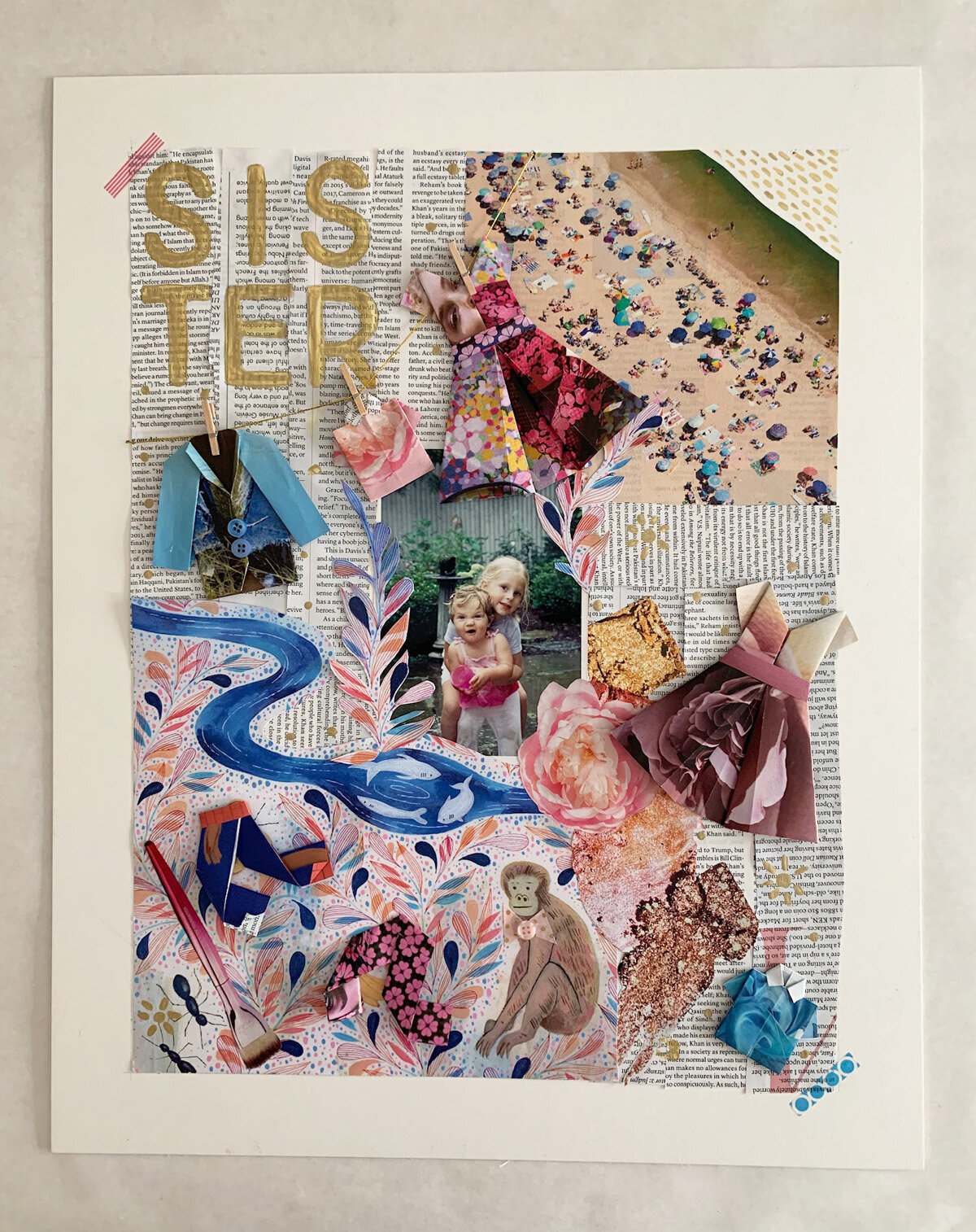 “Sisters” - Mixed-media collage. Made using photographs, magazine pages, origami technique, string, mini clothespins, tape, and acrylic paint.