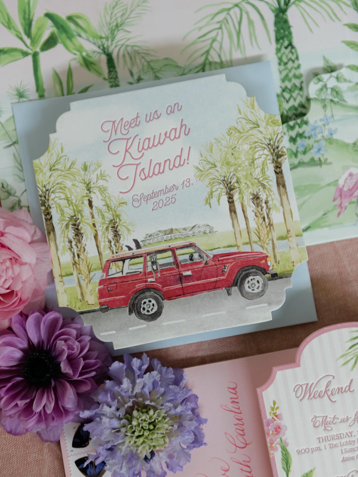 Meet us on Kiawah Island 🌴Shoutout to @carlycreativeco for this watercolor invitation suite inspired by palm-lined roads, the groom&rsquo;s vintage beach cruiser, and a weekend of coastal celebrations. Bold pastels, scalloped silhouettes, and illust